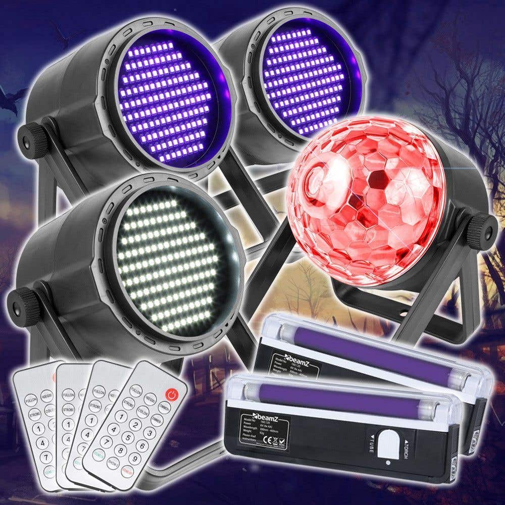 BeamZ Mobiele Halloween Lichtset, compleet op accu. Met blacklights, stroboscoop en Jellyball LED lichteffect!