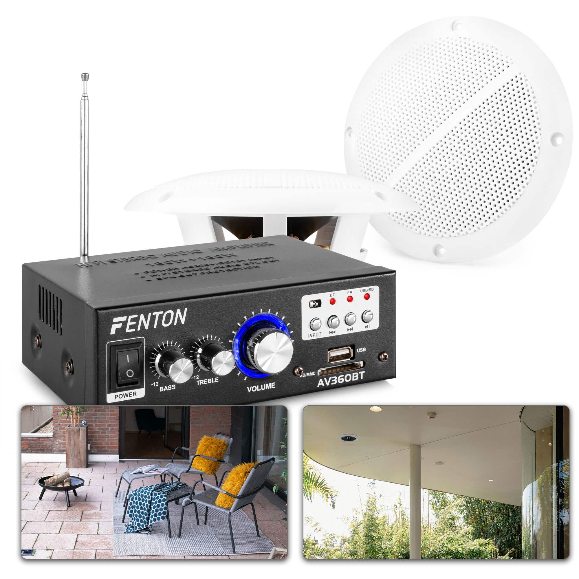 Fenton TS05 Waterdichte speakerset - Inbouw speakerset buiten met versterker - Bluetooth - 5 inch