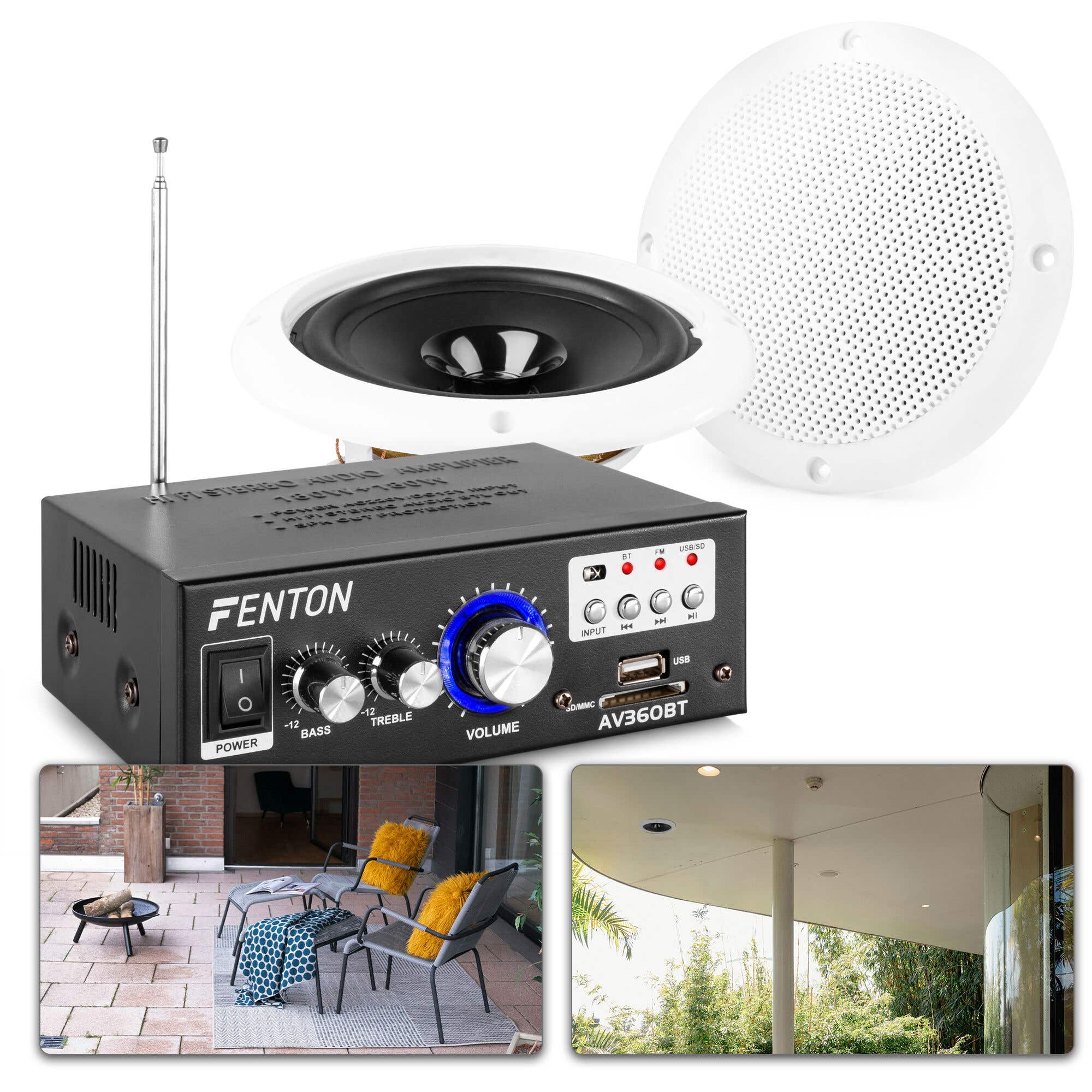 Fenton TS06 Waterdichte speakerset - Inbouw speakerset buiten met versterker - Bluetooth - 6.5 inch