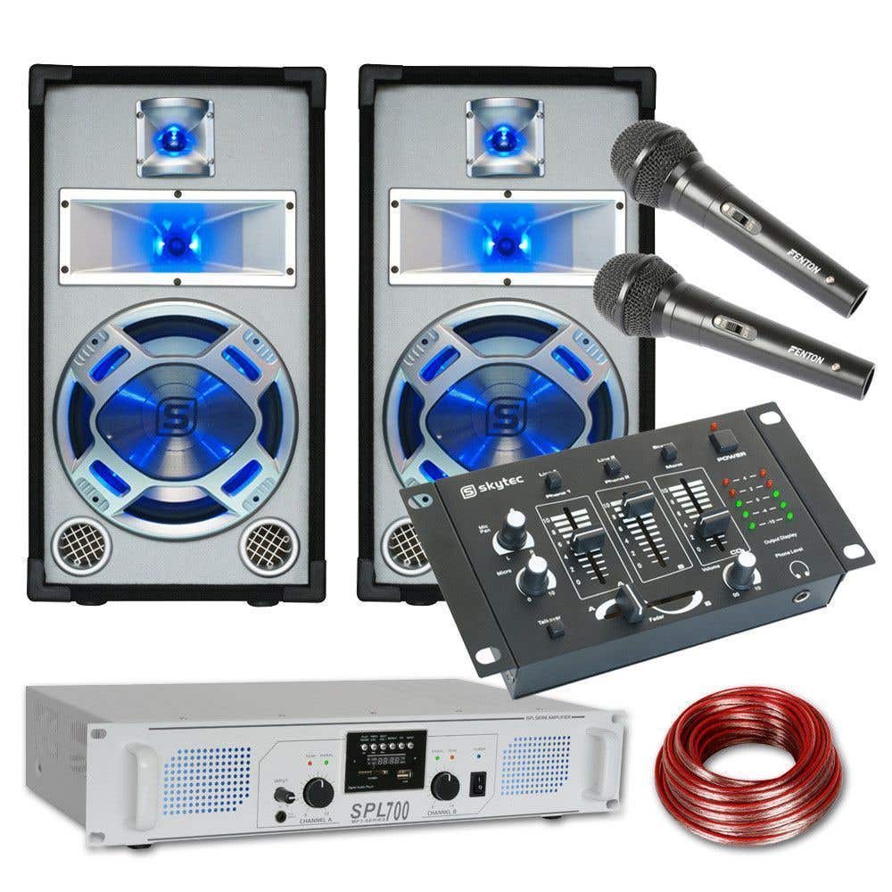 SkyTec Witte 800W DJ Set met PA versterker, USB, FM Radio en Disco Luidsprekers met LED verlichting