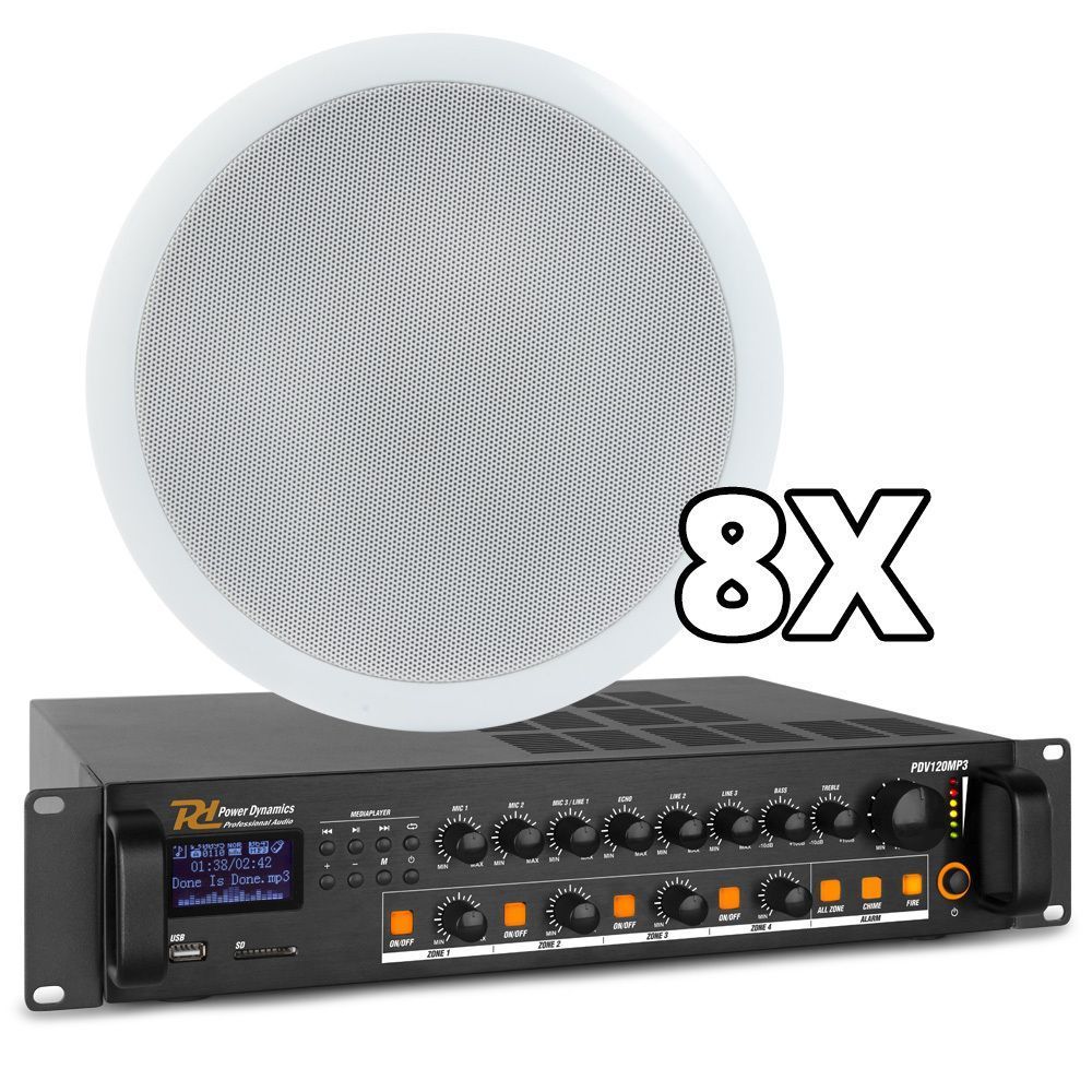 Power Dynamics 100V Speakers (8x) en 4-zone Bluetooth, USB, FM