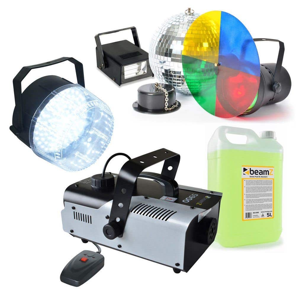 Complete BeamZ Disco Starterset met Rookmachine, LED Stroboscoop en Spiegelbolset