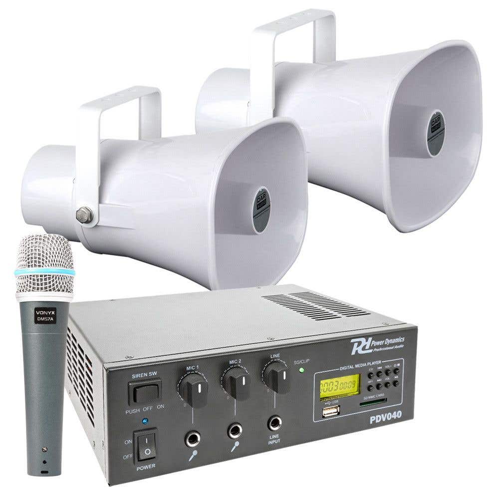 100V auto omroepinstallatie 30W met 2 hoornspeakers en versterker