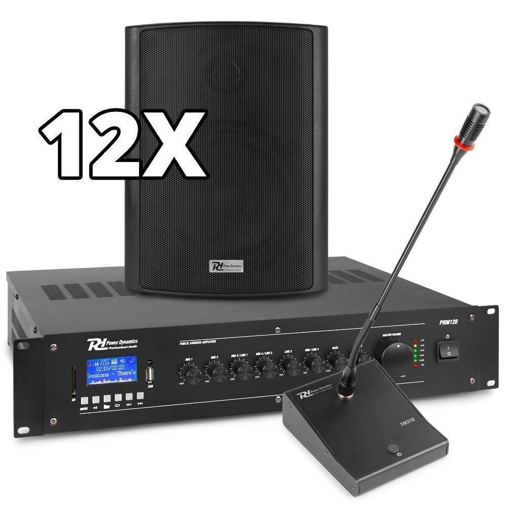 Power Dynamics 100V omroep- muziekinstallatie met 12 speakers en