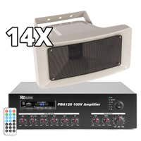 100V geluidsinstallatie met 14 speakers voor winkelcentrum, bedrijfshal, etc.