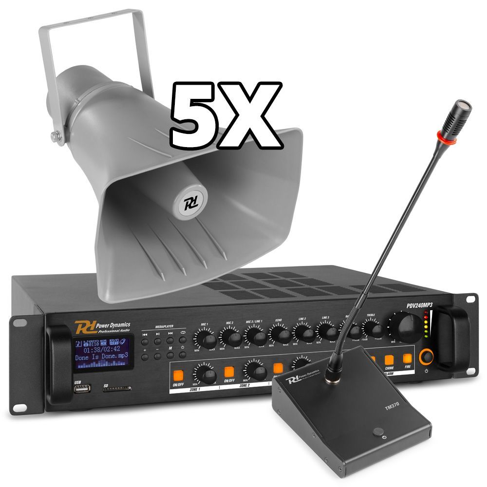 100V omroepinstallatie met 5 speakers, Bluetooth en mp3 speler voor