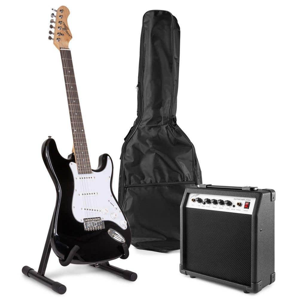 Johnny Brook JB403 zwarte elektrische gitaar starterset met gitaarstandaard