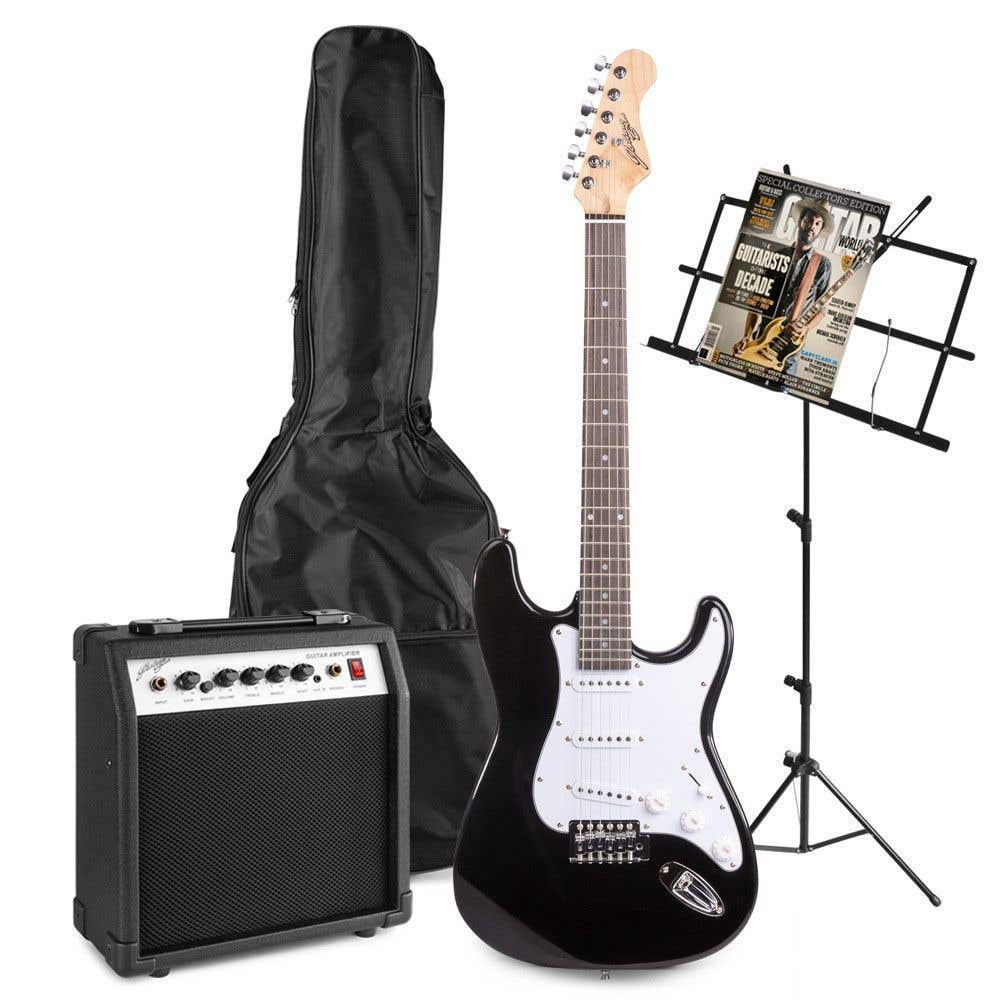 Johnny Brook JB403 zwarte elektrische gitaar starterset met muziekstandaard
