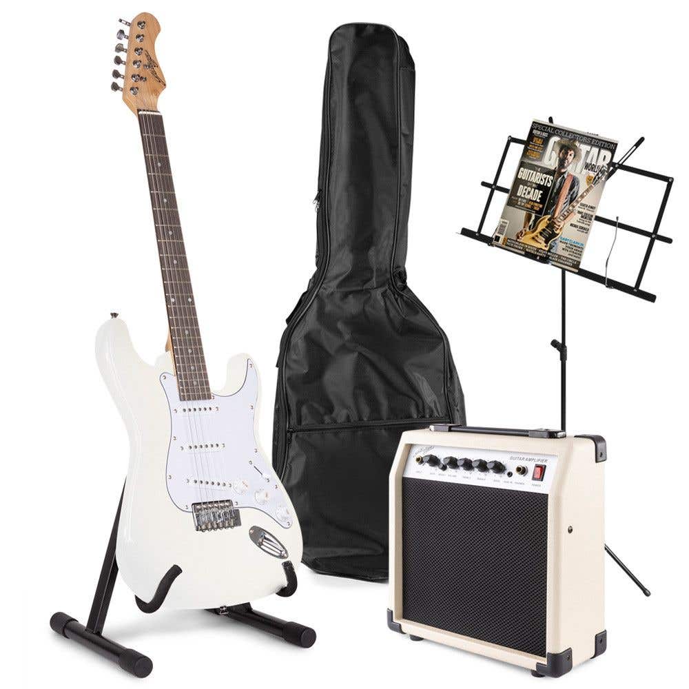 Johnny Brook JB402 witte elektrische gitaarset met muziek- en gitaarstandaard