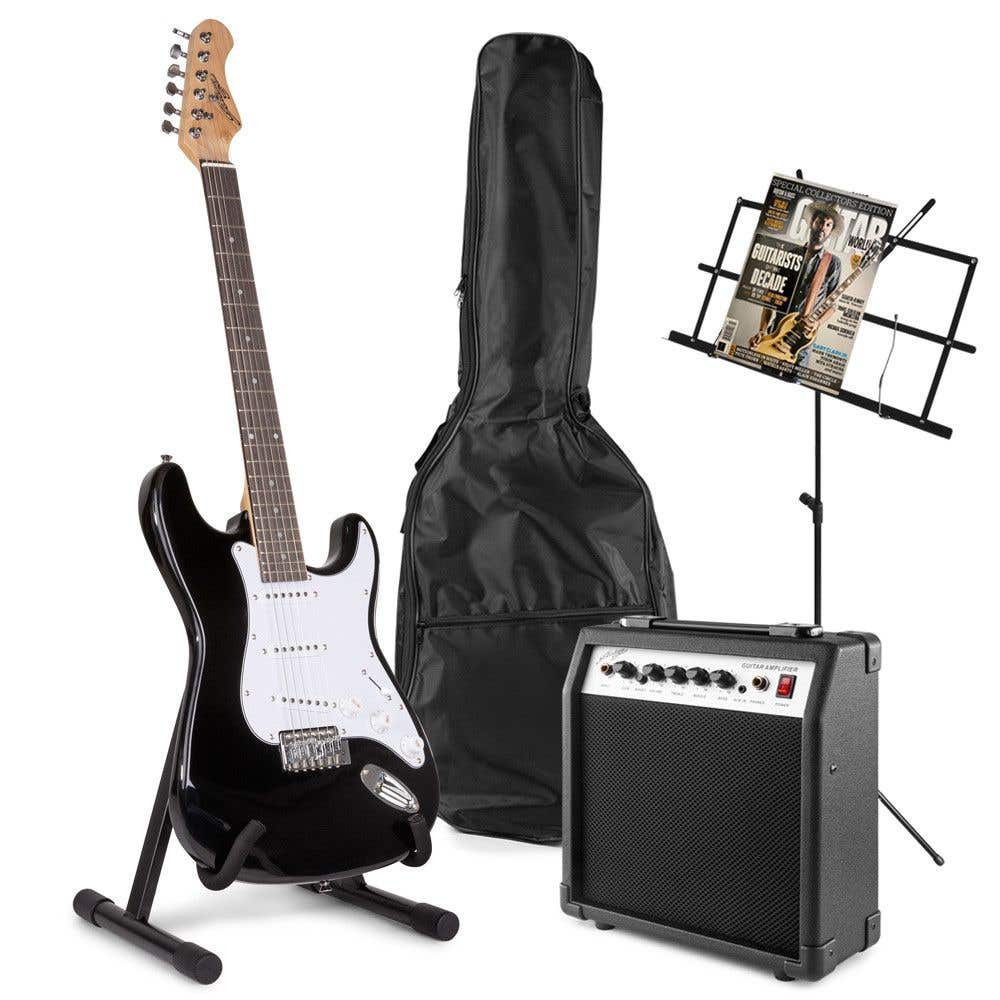 Johnny Brook JB403 zwarte elektrische gitaarset met muziek- en gitaarstandaard
