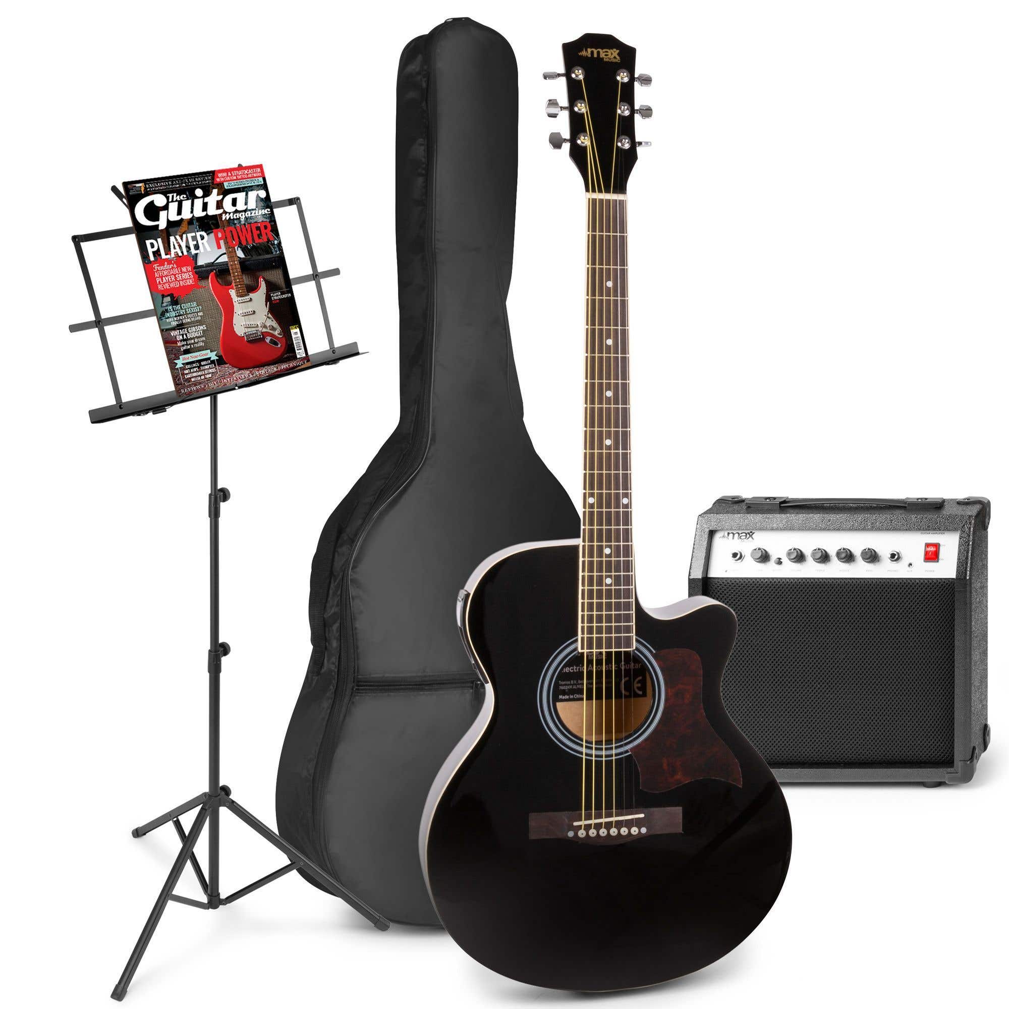 Elektrisch akoestische gitaar - MAX ShowKit gitaarset met 40W gitaar versterker, muziekstandaard, gitaar stemapparaat, gitaartas en plectrum - Zwart