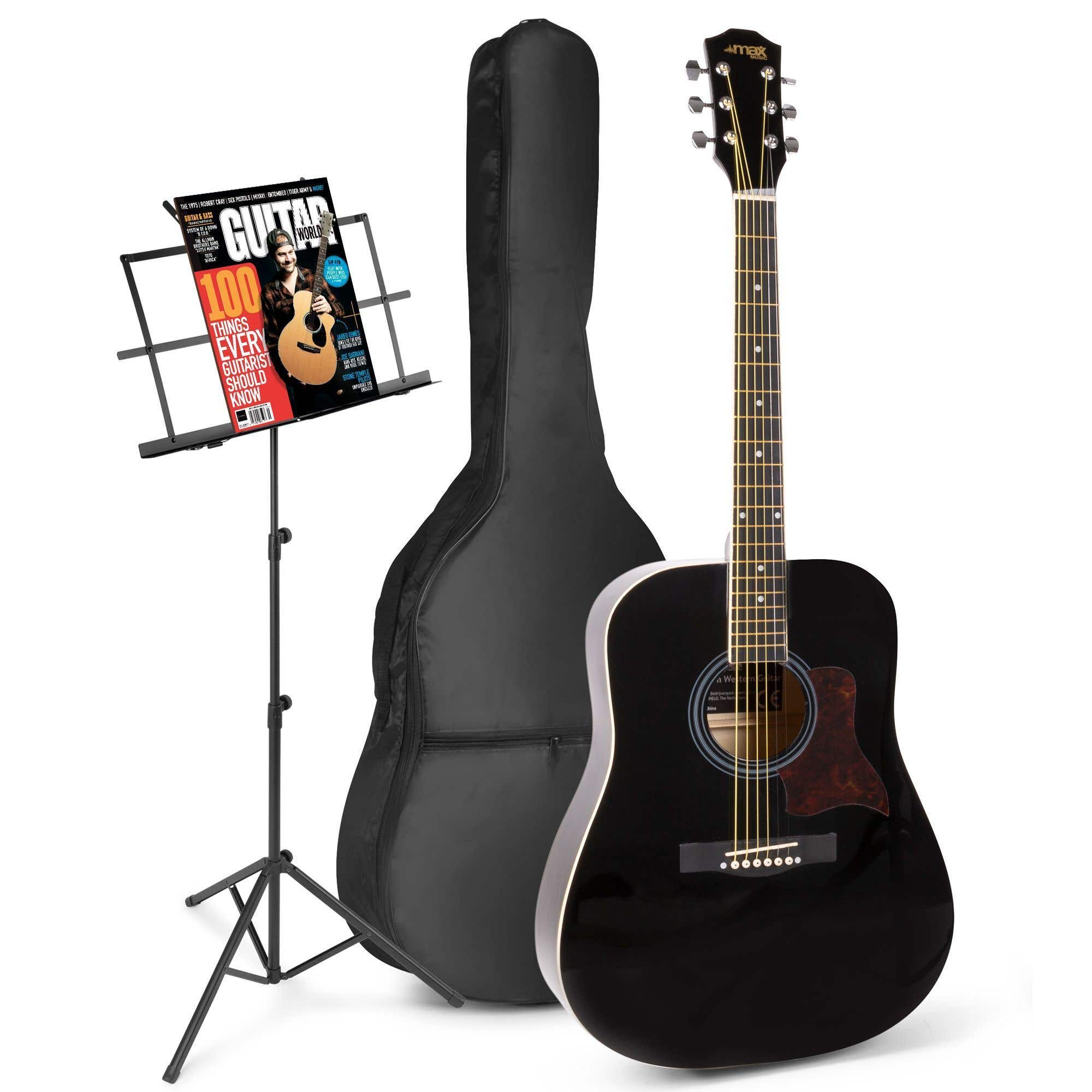 Akoestische gitaar voor beginners - MAX SoloJam Western gitaar - Incl. muziekstandaard, gitaar stemapparaat, gitaartas en 2x plectrum - Zwart