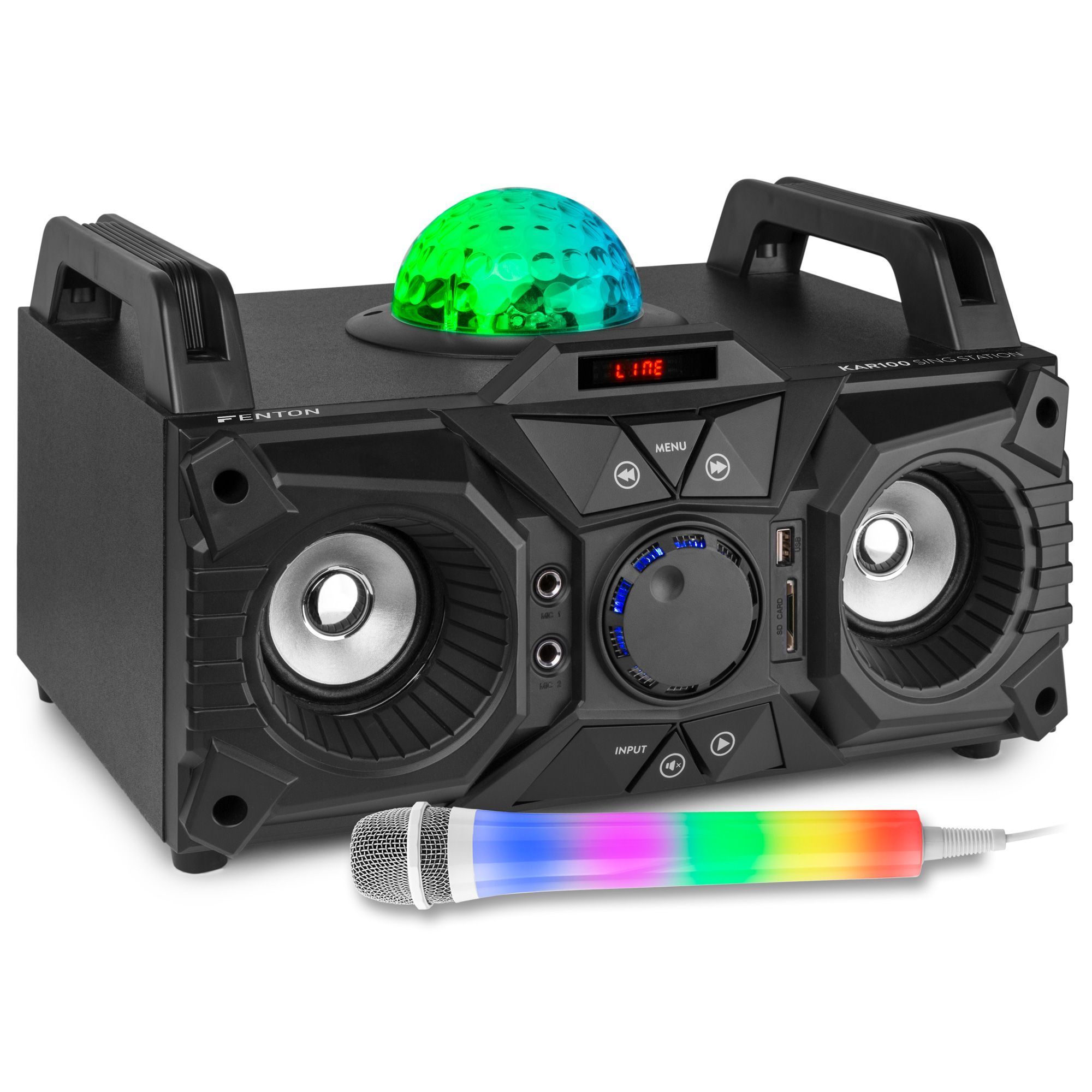 Karaoke set met LED karaoke microfoon - Fenton KAR100 - Ingebouwde accu - 100W - Lichtgevende LED microfoon - Bluetooth - Ingebouwd lichteffect