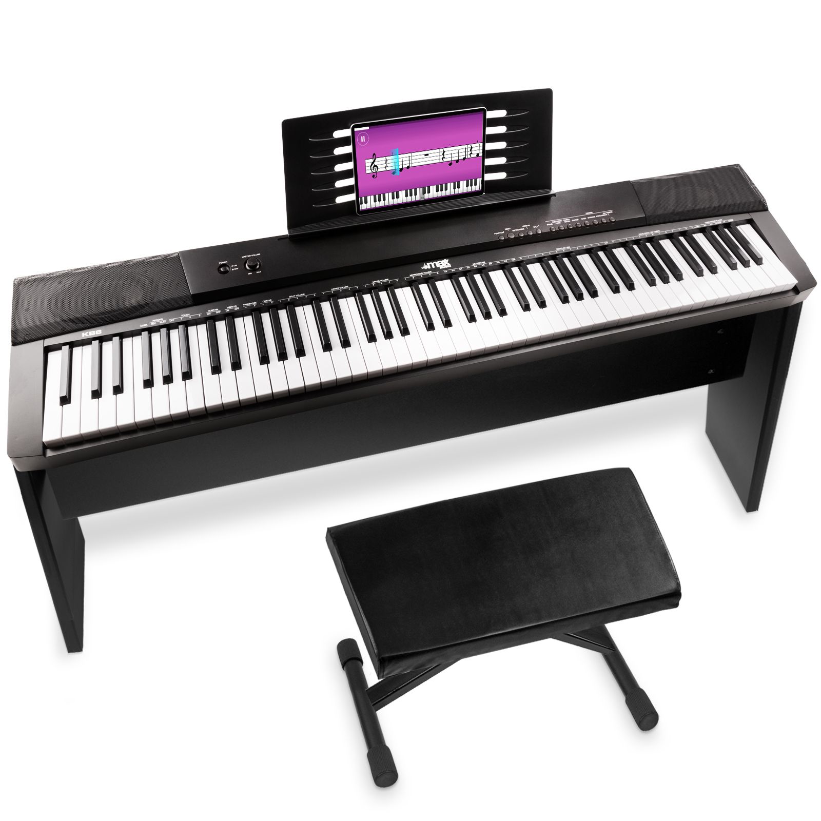 Digitale piano - MAX KB6W keyboard piano met 88 toetsen, USB midi, sustainpedaal, meubel en bankje - 88 gewogen en aanslaggevoelige toetsen