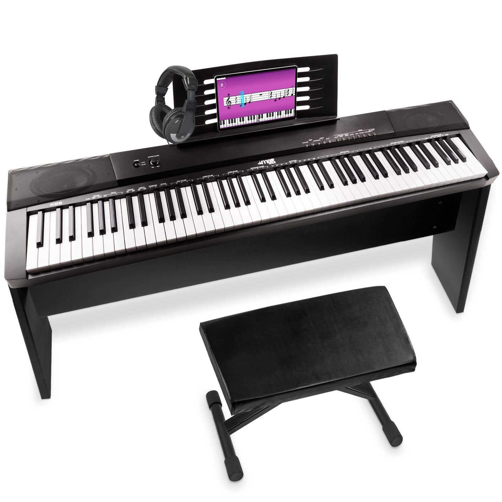 Digitale piano - MAX KB6W keyboard piano met 88 toetsen, USB midi, sustainpedaal, meubel, bankje en hoofdtelefoon - 88 gewogen en aanslaggevoelige toetsen