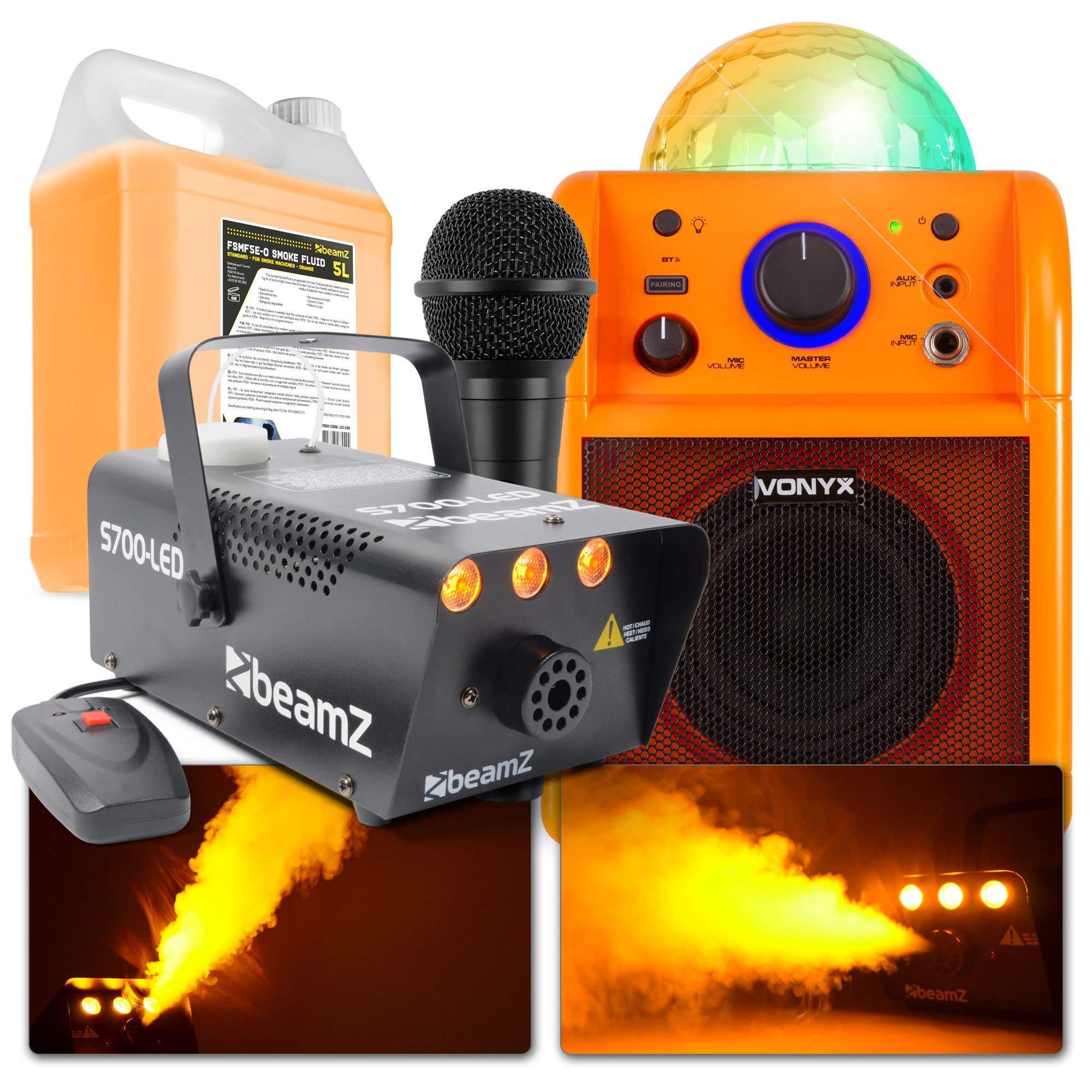 Oranje Sfeerpakket met Karaoke speaker en LED Rookmachine!