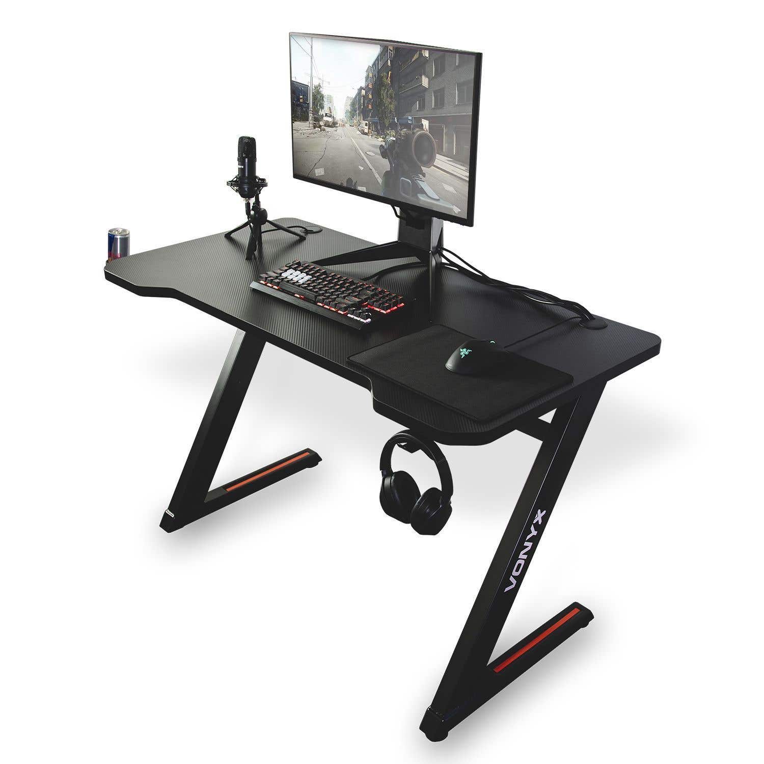 Gaming bureau - Vonyx DB15 gaming desk met anti slip- en kraslaag  - 120cm breed bureaublad met stalen frame - kabelmanagement - headset haak - Zwart