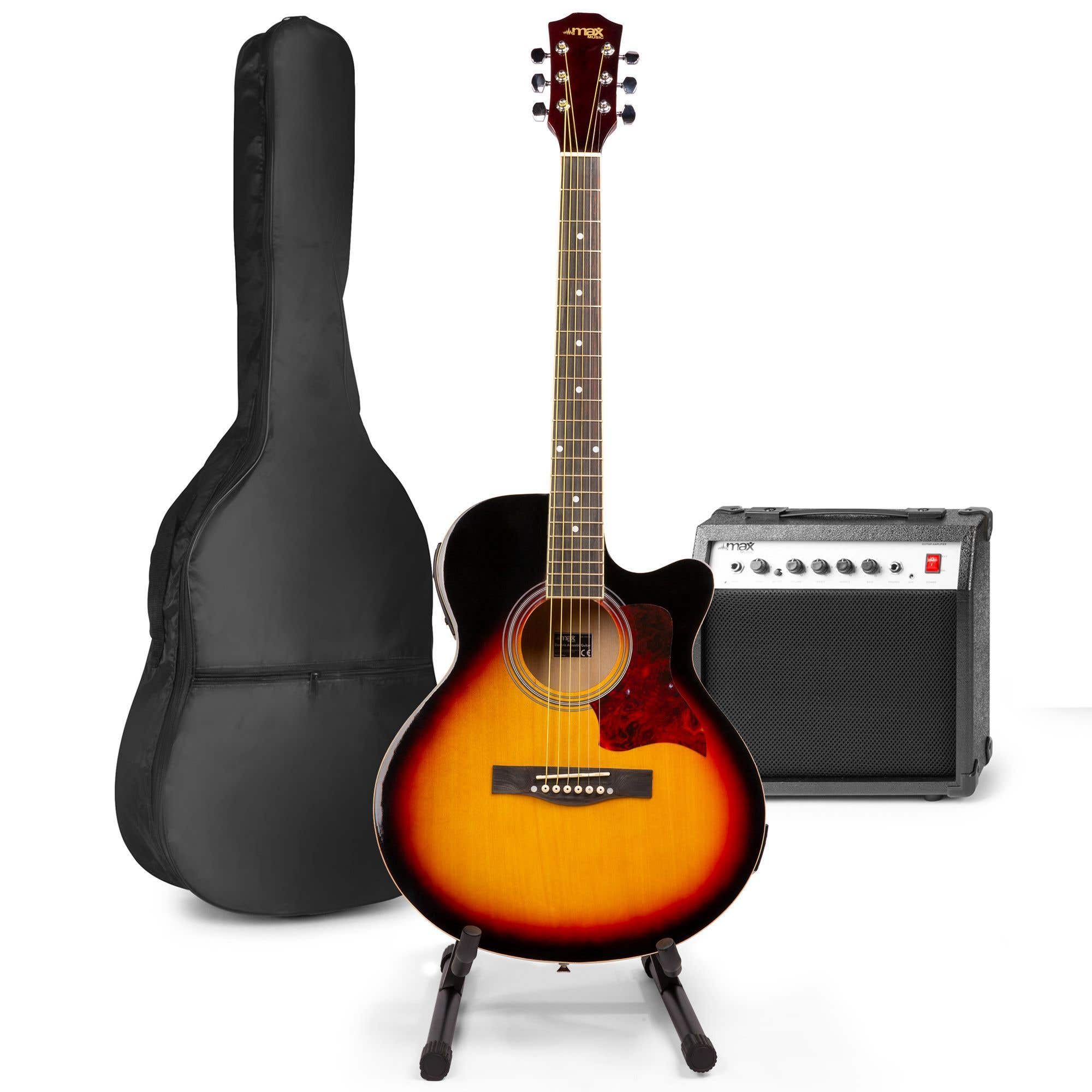 Elektrisch akoestische gitaar - MAX ShowKit gitaarset met 40W gitaar versterker, gitaar standaard, gitaar stemapparaat, gitaartas en plectrum - Sunburst