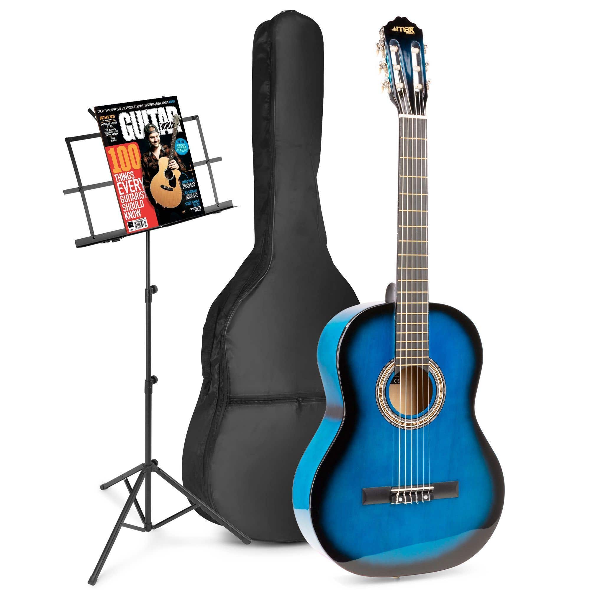 Akoestische gitaar voor beginners - MAX SoloArt klassieke gitaar / Spaanse gitaar met o.a. 39'' gitaar, muziekstandaard, gitaartas, gitaar stemapparaat en extra accessoires - Blauw