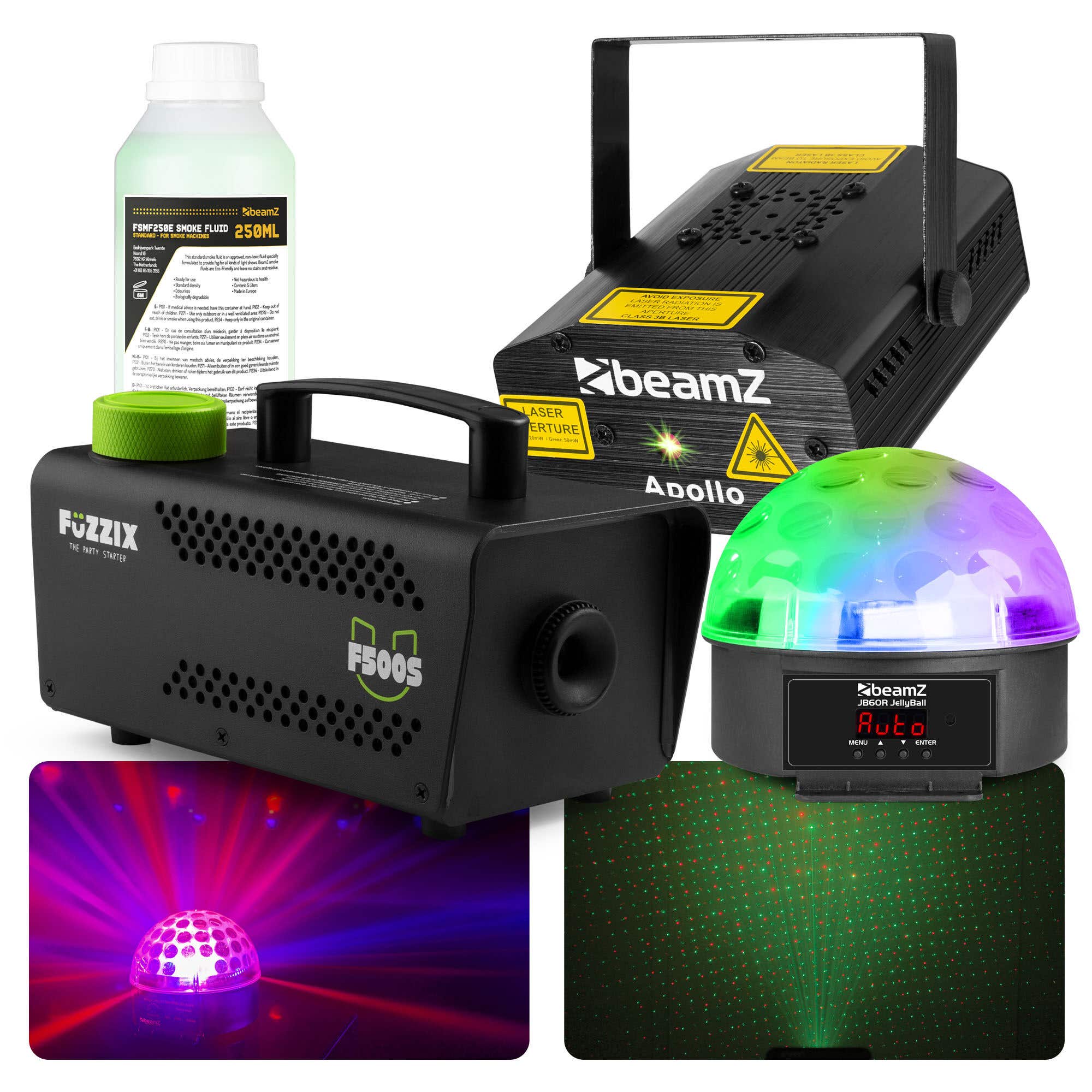 BeamZ feestverlichting pakket met LED lichteffect, laser en rookmachine