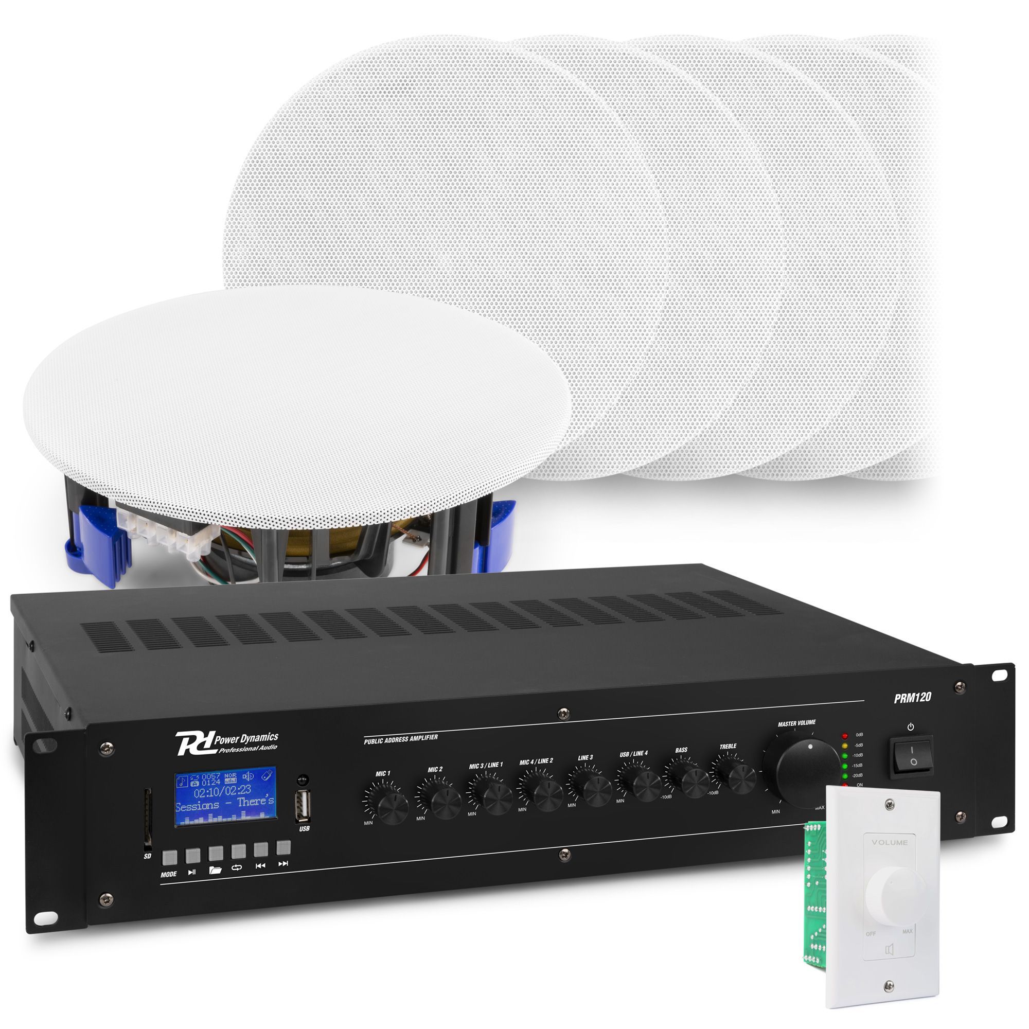 Geluidsinstallatie met Bluetooth, 12x witte inbouw speaker en 100v versterker van Power Dynamics