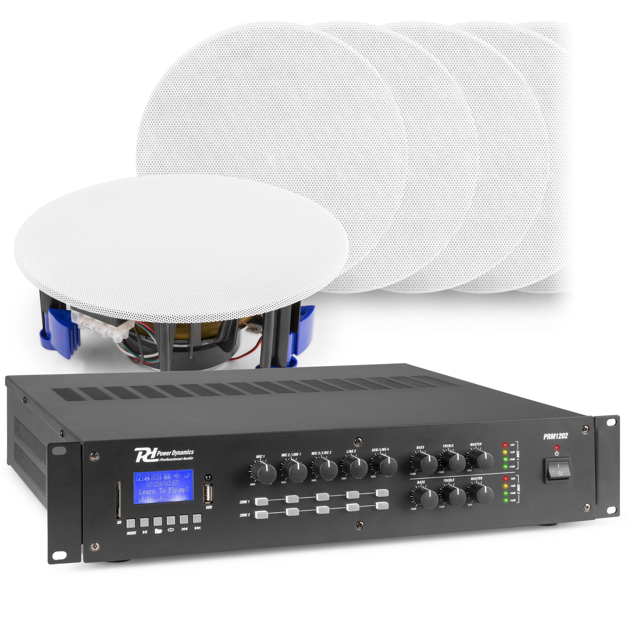 2-zone Bluetooth geluidsinstallatie van Power Dynamics - 12 witte plafondspeakers + 240W versterker