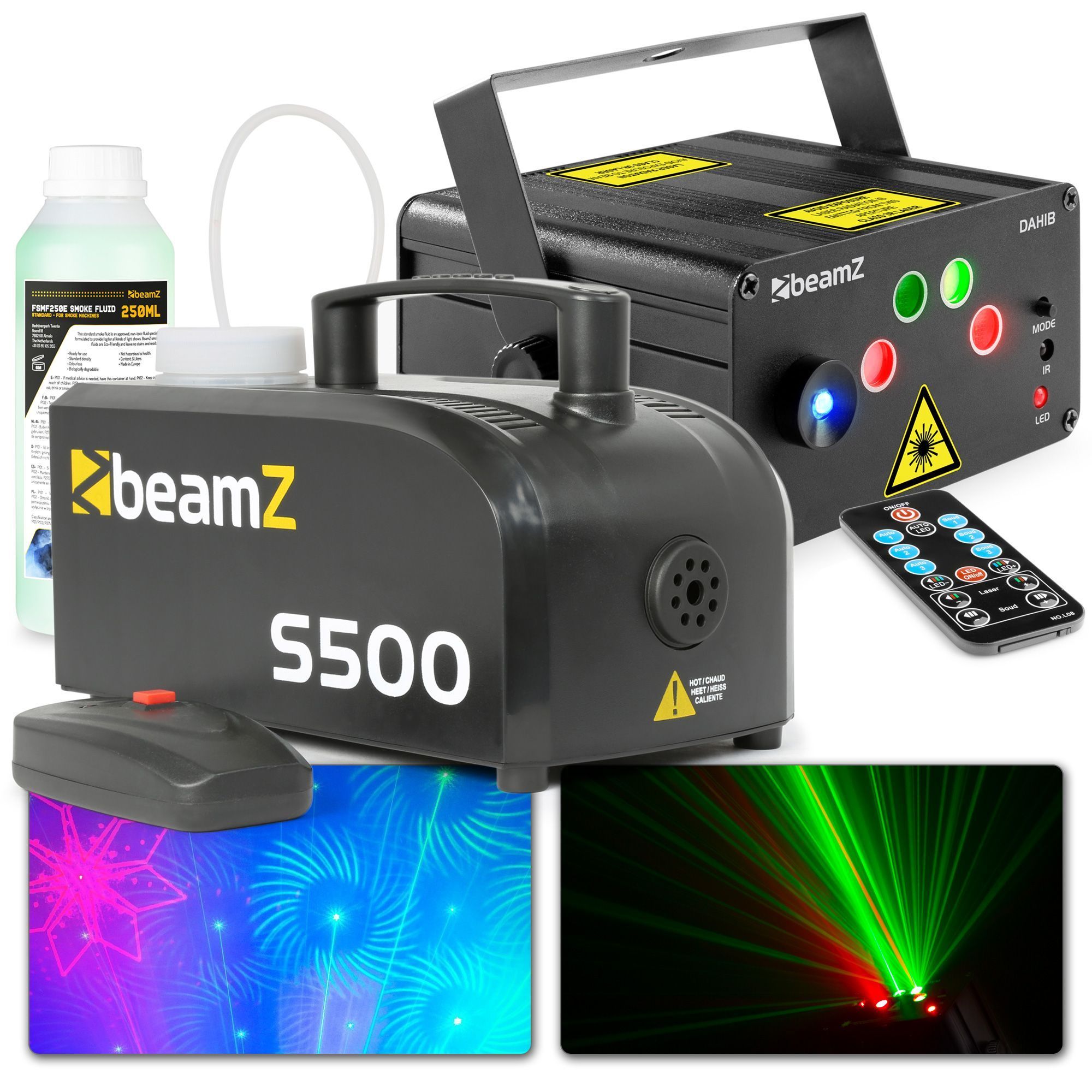 Party laser met rookmachine - BeamZ Dahib laser rood/groen met LED