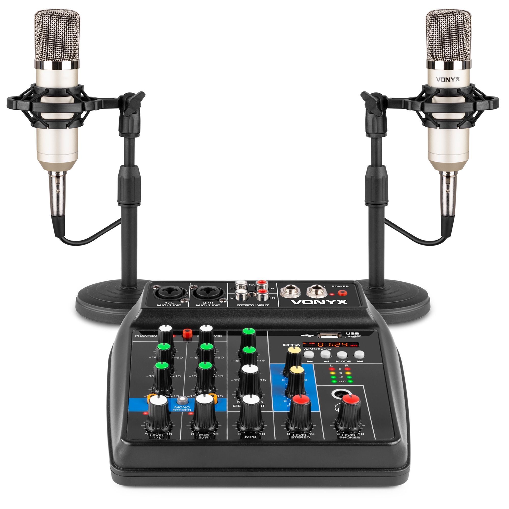 Podcast set - Vonyx VMM100 podcast starterset met 2x podcast microfoon en mixer voor podcast studio