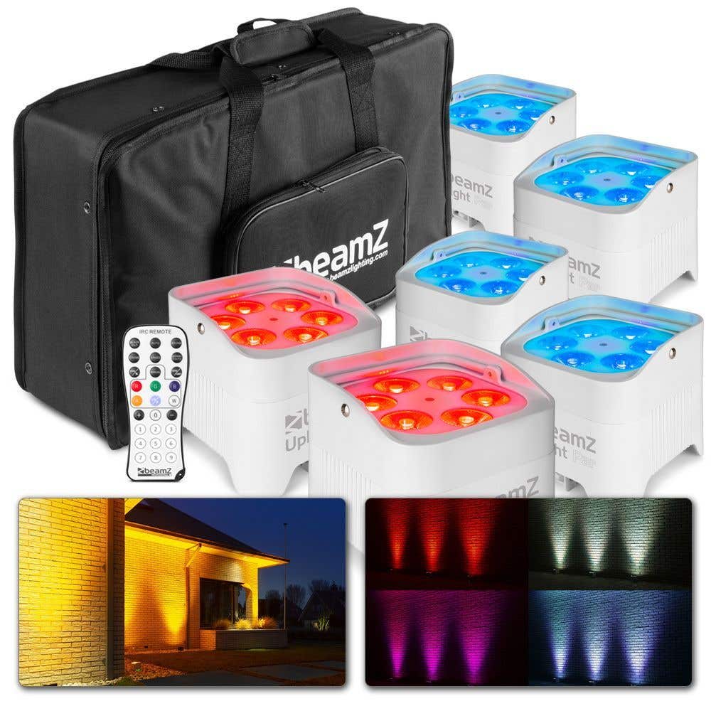 BeamZ BBP96SW - Set van 6 witte accu uplights met 12W LED&apos;s en tas /