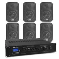 Power Dynamics buitenspeakerset - 6x zwarte 60W speakers en 100V versterker - Bluetooth & mp3 speler