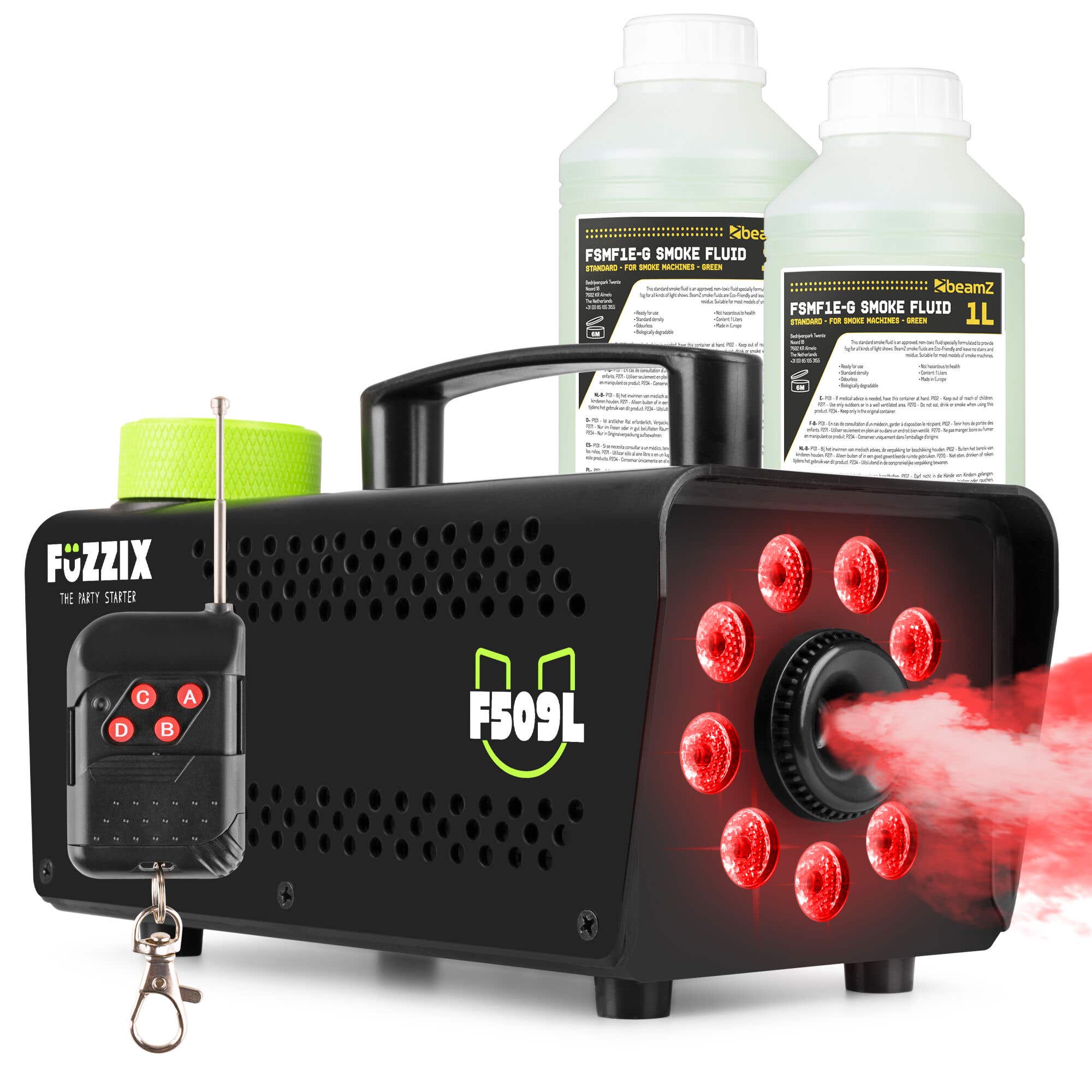 Fuzzix F509L Party Rookmachine met 9 ingebouwde RGB LEDs incl 2L