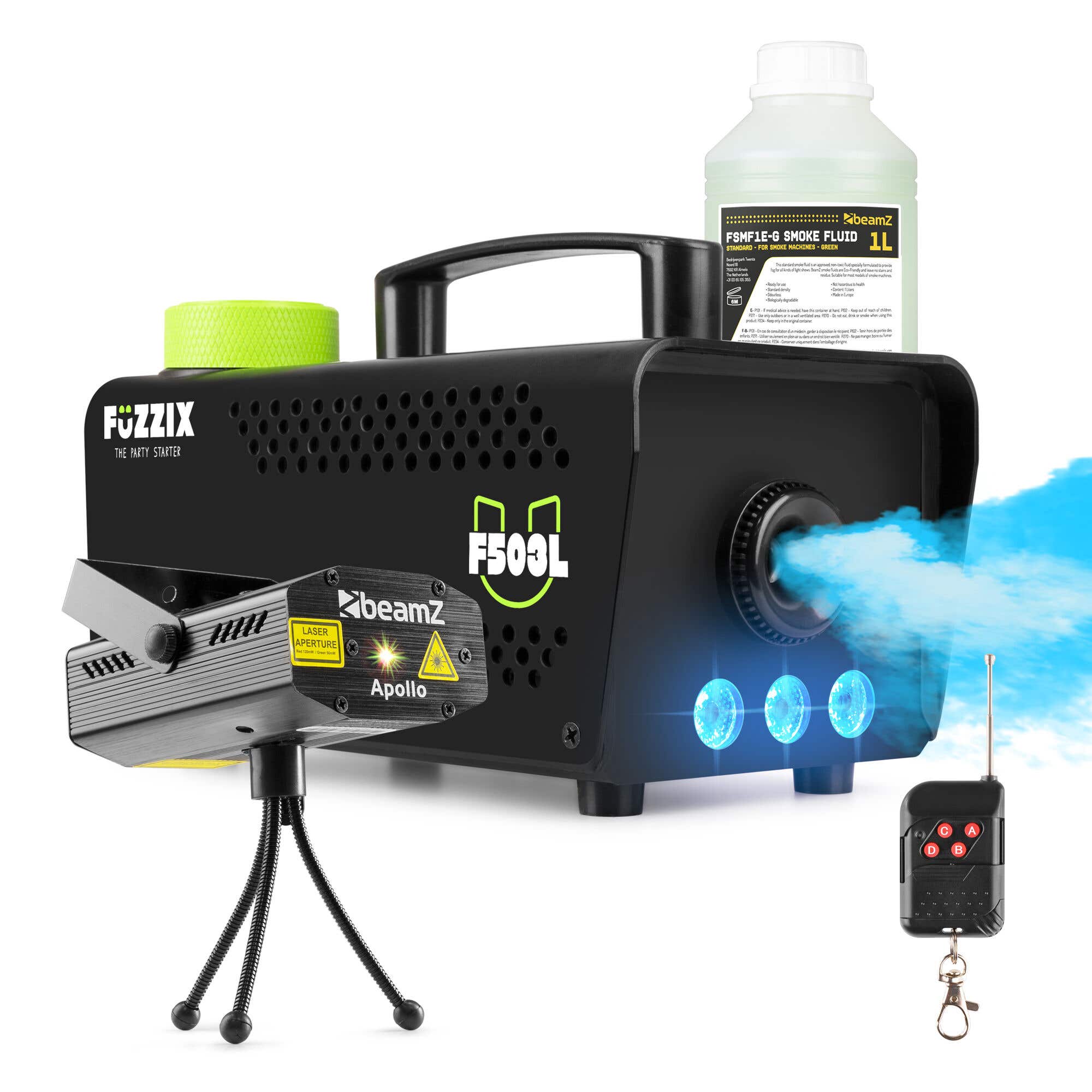 Partyset met Fuzzix F503L Rookmachine - 1L Rookvloeistof en 1x Laser