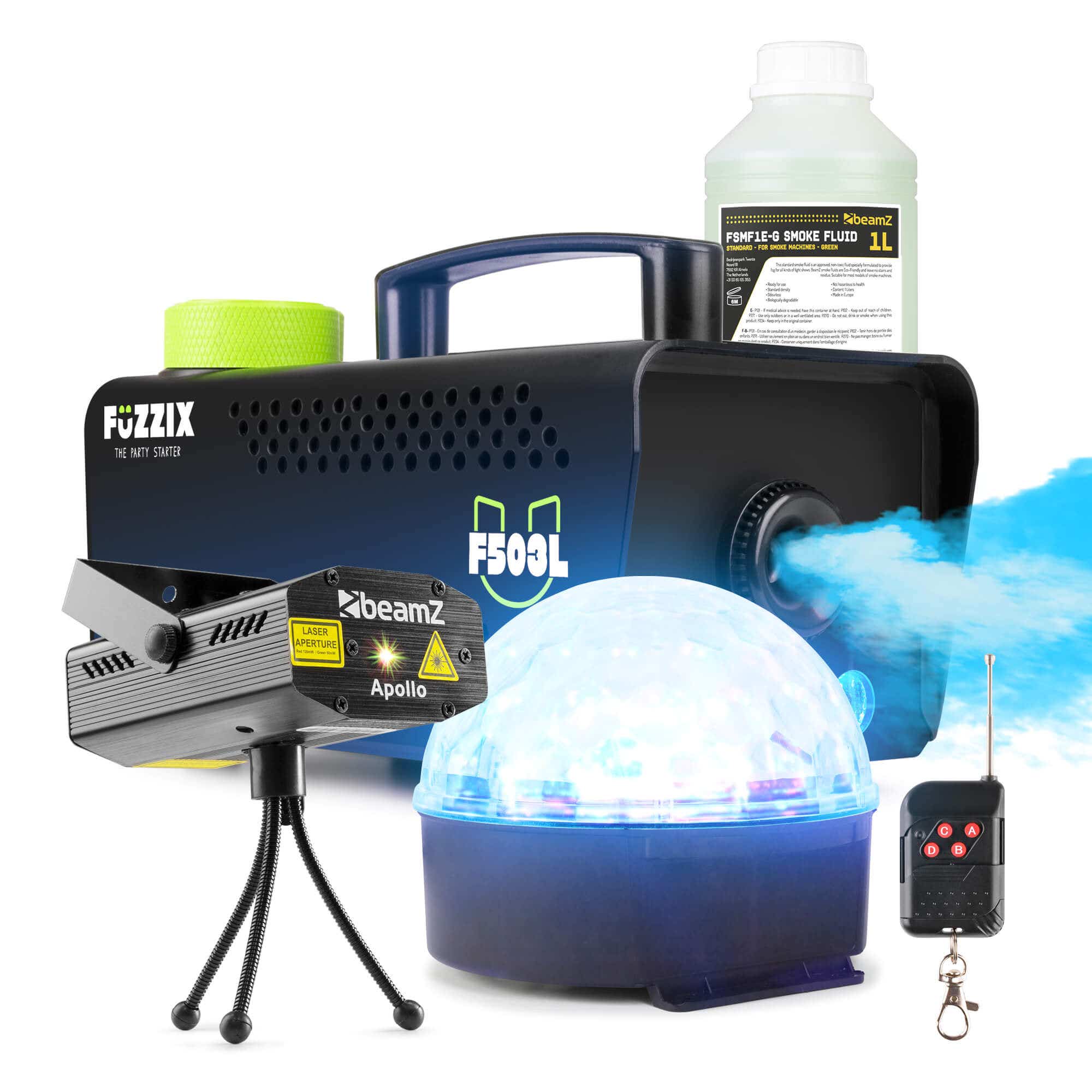 Partyset met Fuzzix F500S Rookmachine - 1L Rookvloeistof - 1x Laser en