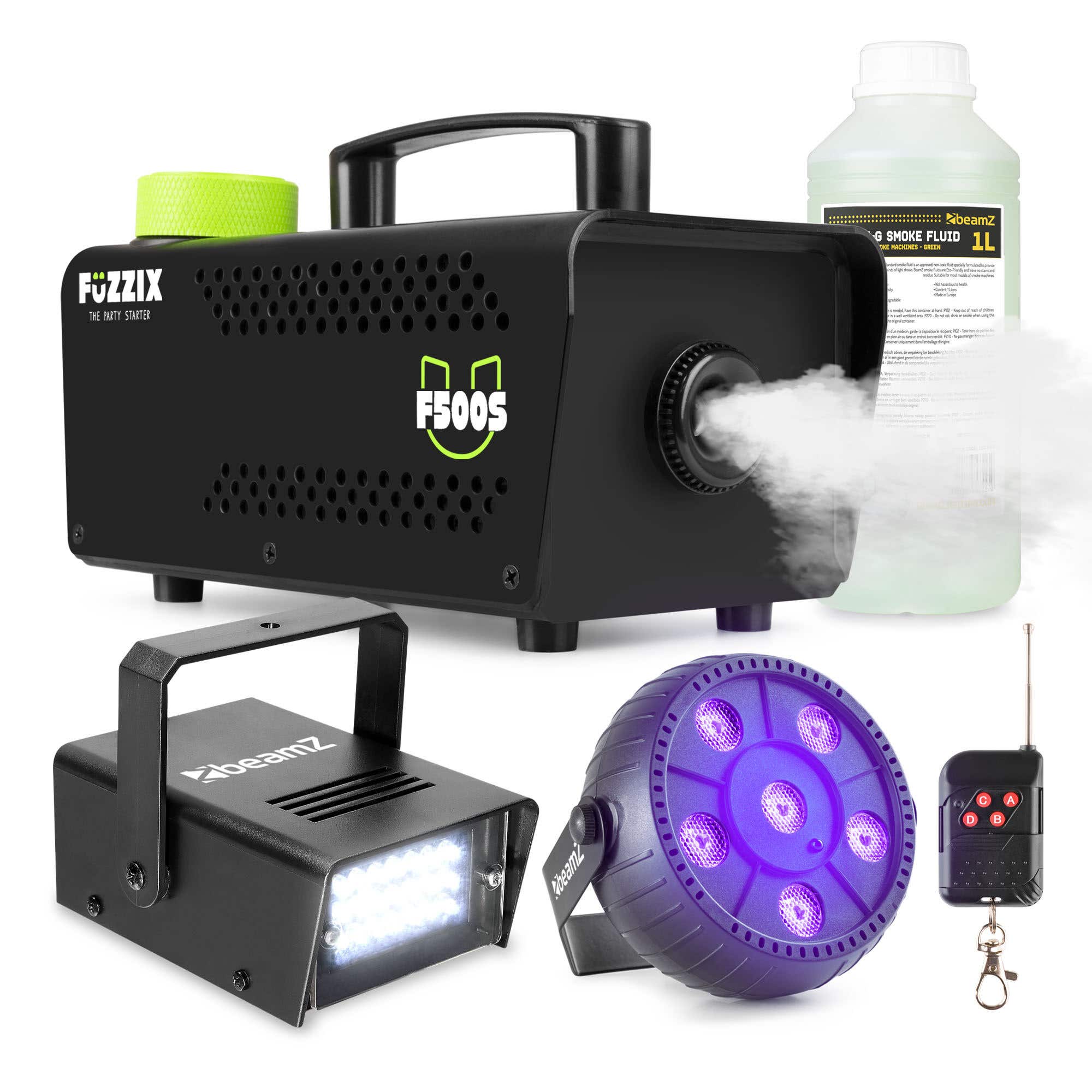 Partyset met Fuzzix F500S Rookmachine - 1L vloeistof - 1x Strobo - 1x Blacklight op accu