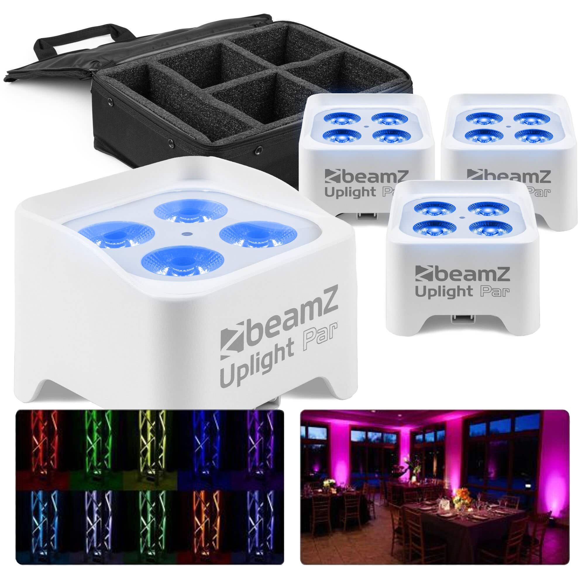BeamZ Set met 4x BBP90W accu uplights - 4x 4W LED&apos;s - In Flightbag -