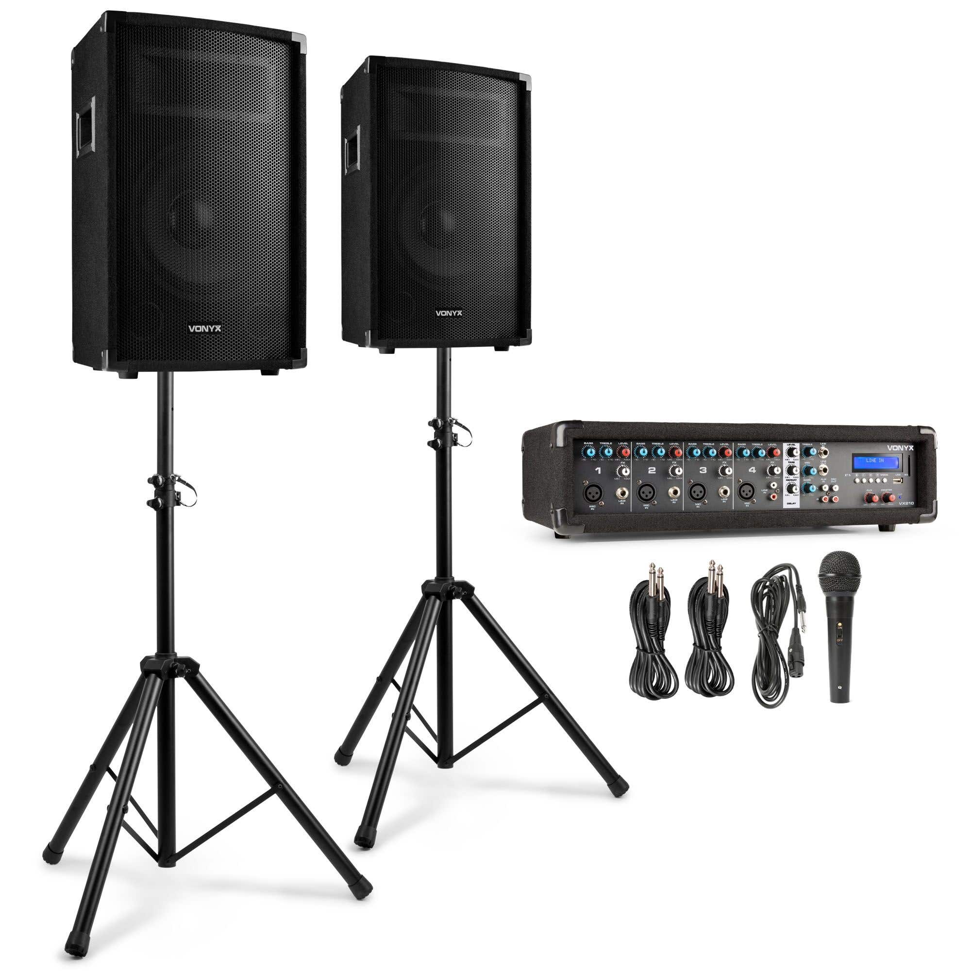 Vonyx VX210 Professionele Karaokeset met 2x 10 inch speakers - 4 kanaals mixer met ingebouwde versterker - 2x speakerstandaard