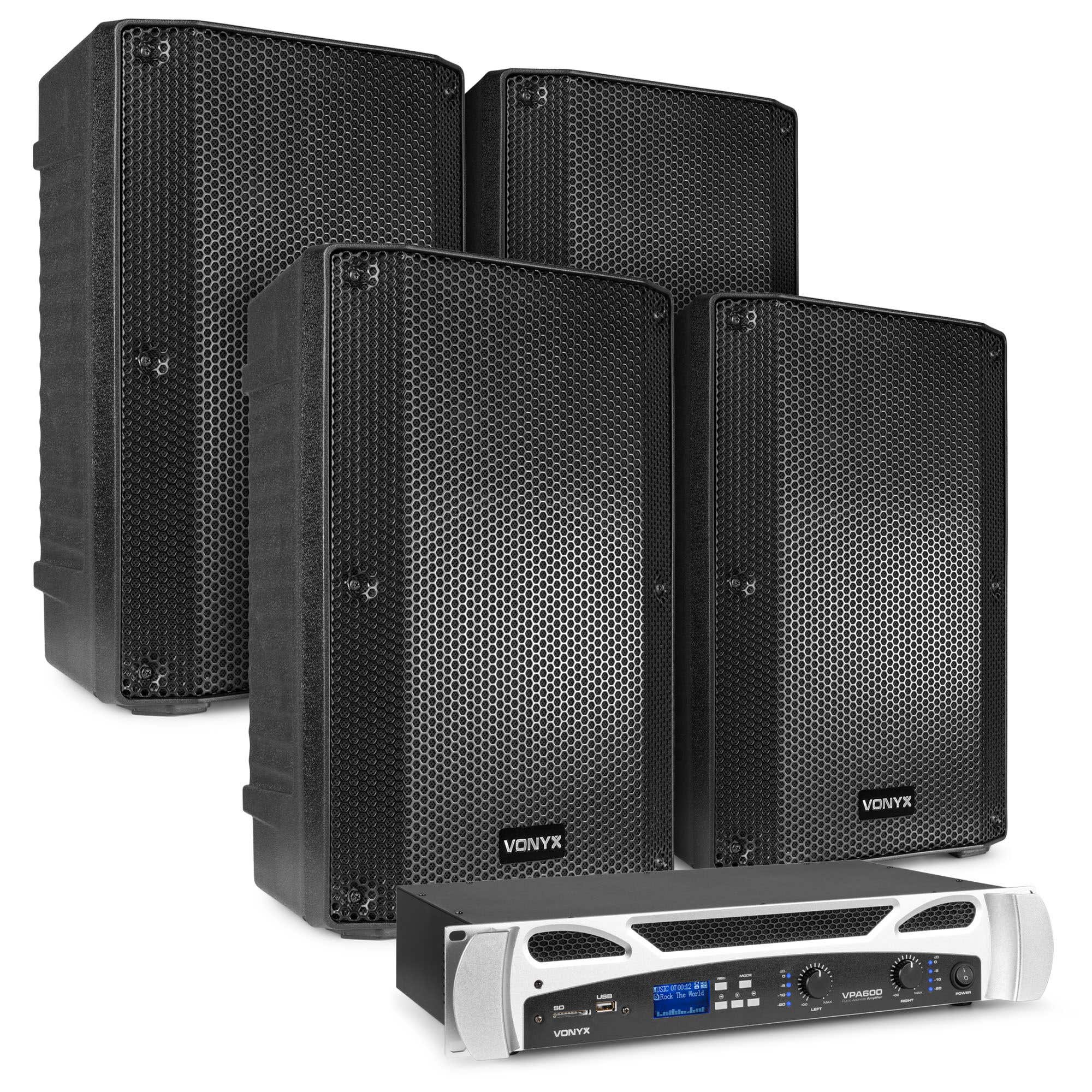 Vonyx set met 4x VSA10P passieve speakers en versterker - Bluetooth - 500W - 10 Inch
