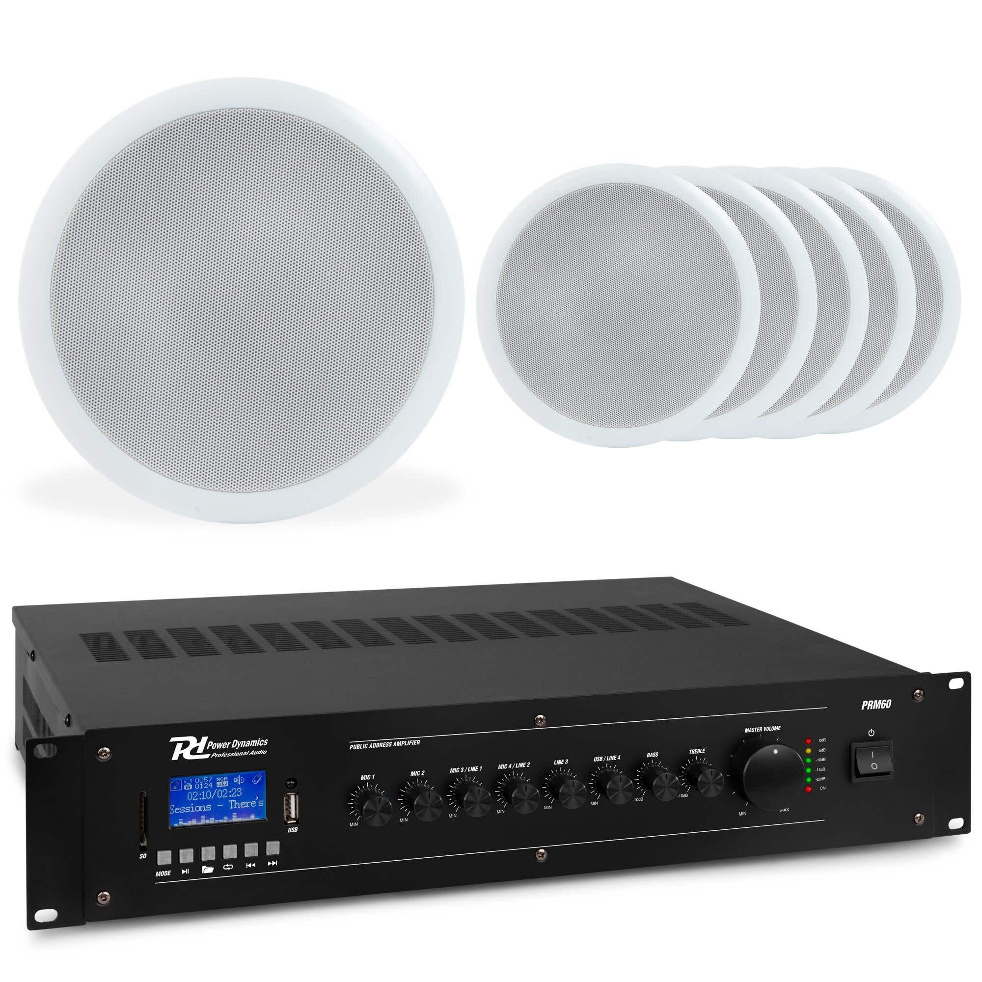 Power Dynamics Plafondspeaker set met 6 witte inbouwspeakers - 100V - Inclusief Bluetooth - 5 inch