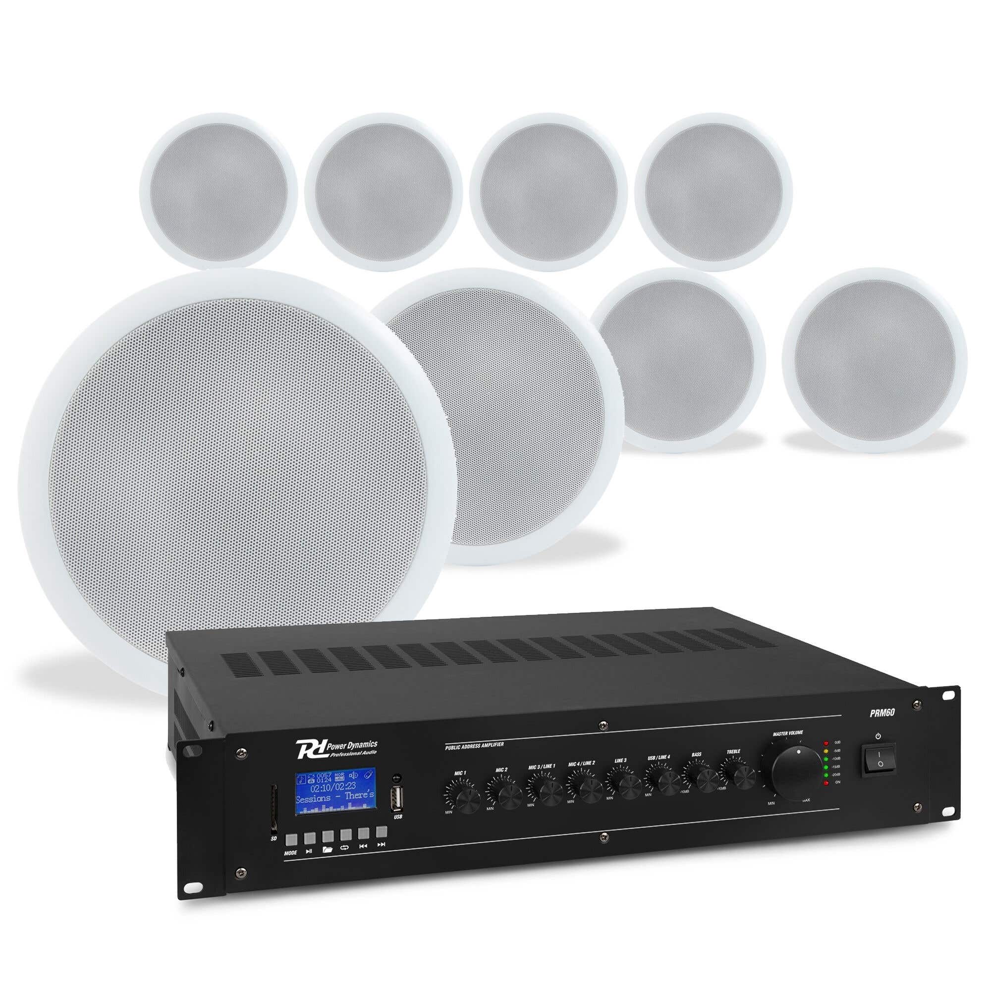 Power Dynamics Plafondspeaker set met 8 witte inbouwspeakers - 100V -