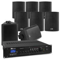 Power Dynamics 100V set voor buitenterras of overkapping - 8 speakers & 4-zone versterker - Bluetooth
