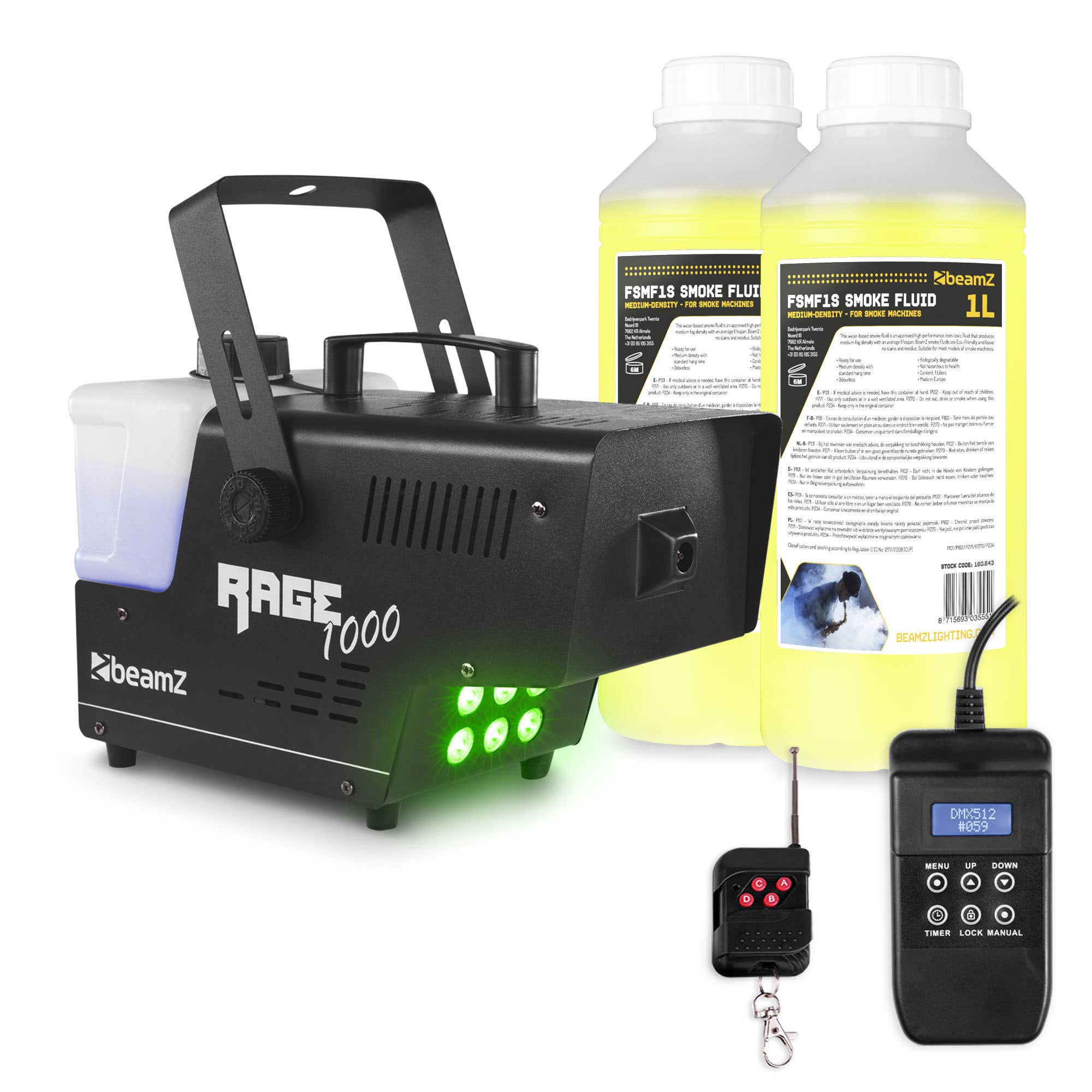 BeamZ RAGE1000LED rookmachine met 6 RGB LED's - 2 liter rookvloeistof