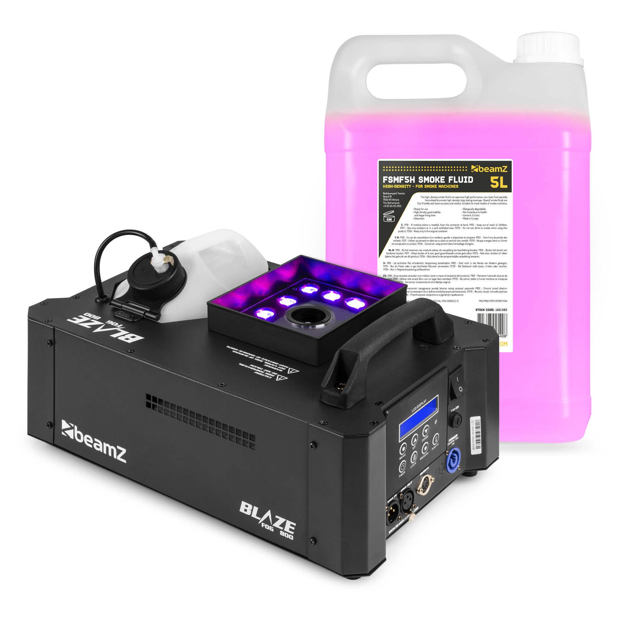 BeamZ BLAZE800 rookmachine - voor horizontale en verticale rook - met 12x 4W RGBA LED’s - inclusief 5 liter vloeistof