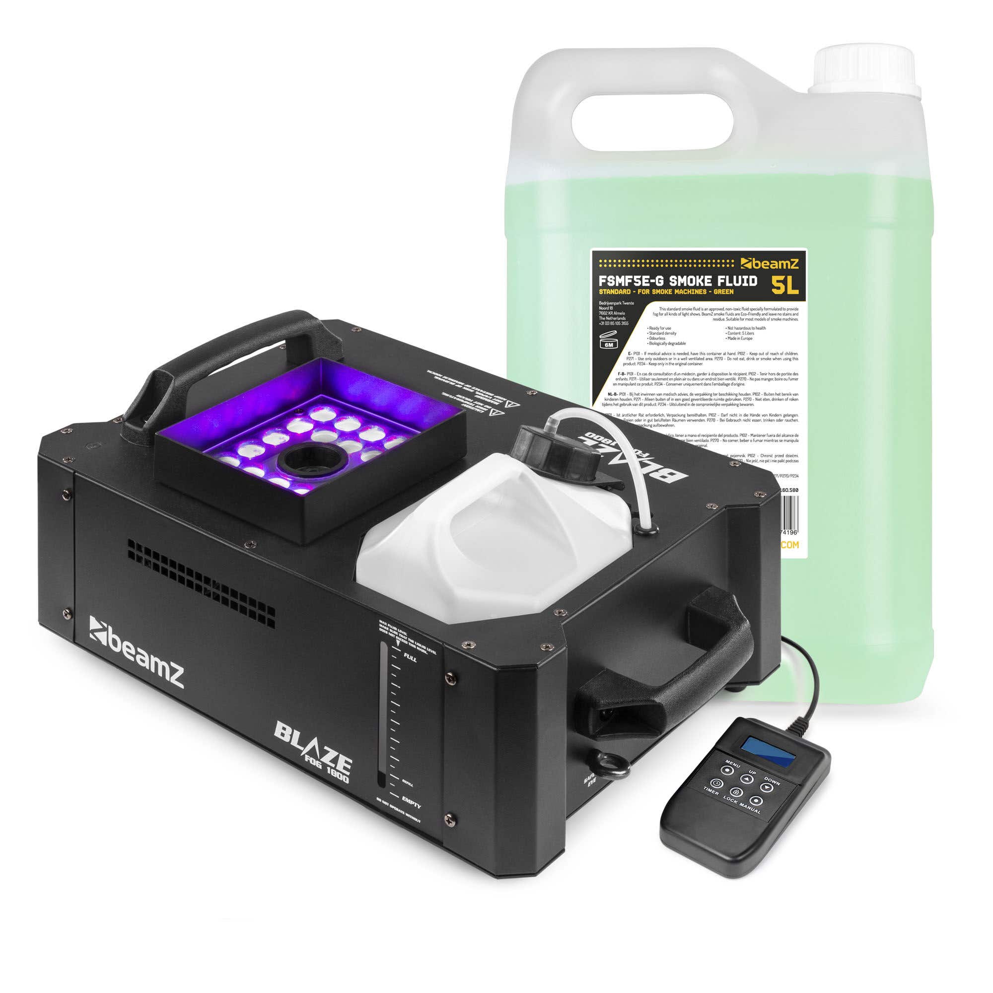 BeamZ BLAZE1800 rookmachine - horizontale en verticale rook - met 24x 4W RGBA LED’s - inclusief 5 liter vloeistof