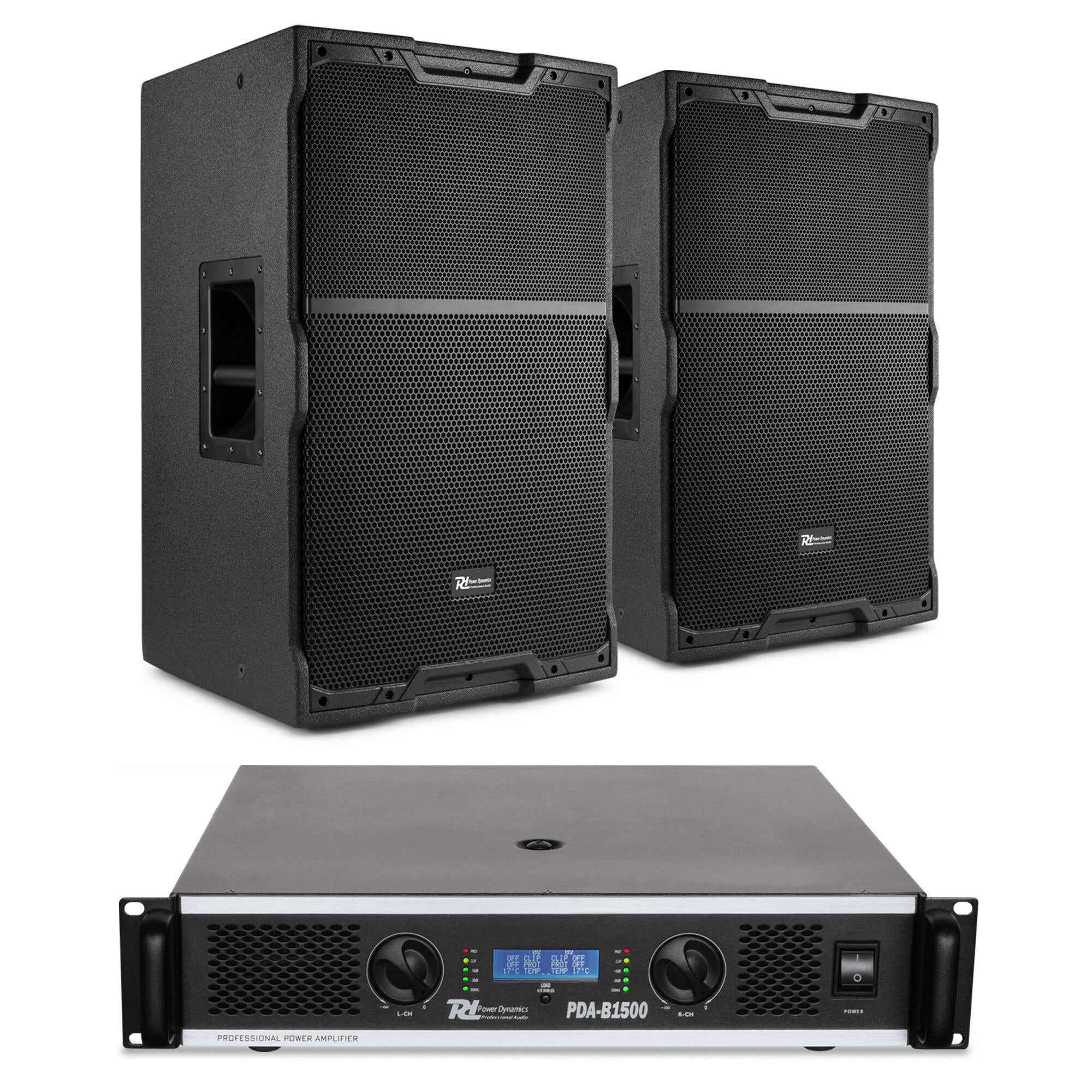 Power Dynamics PDY215 Passieve speakerset met versterker - Ideaal voor horeca - 15 inch - 1600W