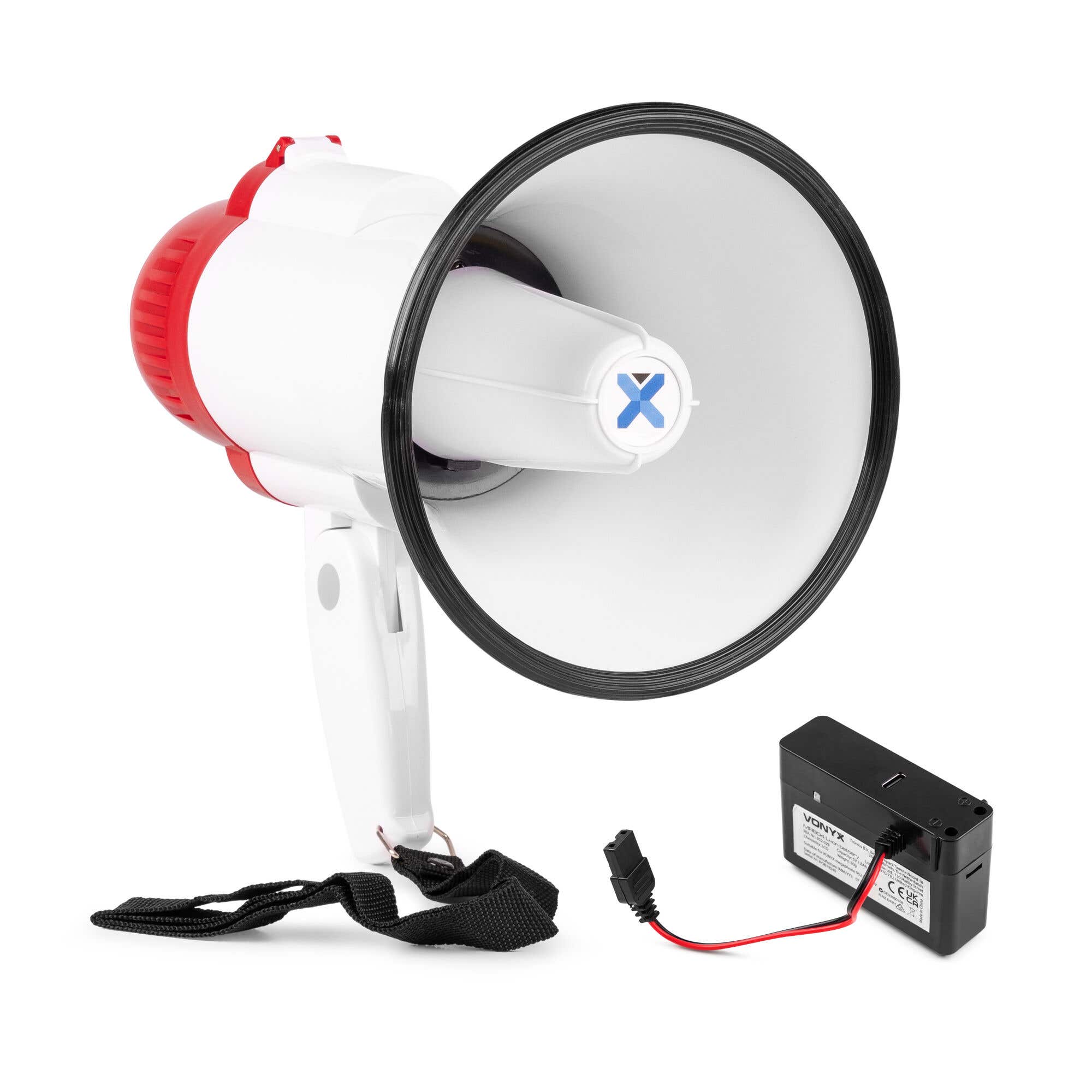 Vonyx MEG025 megafoon set met lithium-ion accu - 25W Megafoon met sirene en Bluetooth - Rood-wit