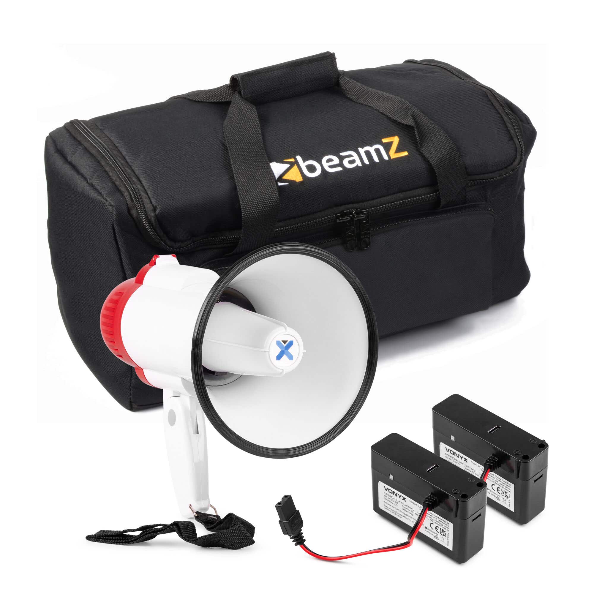 Vonyx MEG025 complete megafoon set met draagtas en 2x lithium-ion accu’s - Rood-witte megafoon - 25W