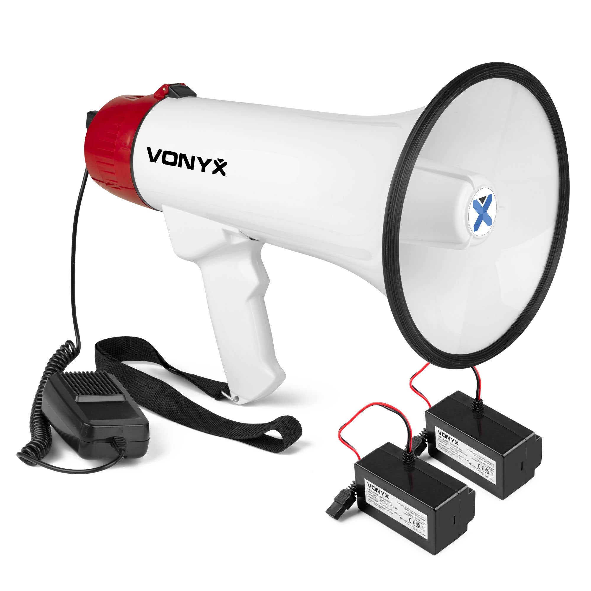 Vonyx MEG045 Megafoon set met 2x lithium-ion accu’s - 45W Megafoon met sirene en Bluetooth - Roodwit