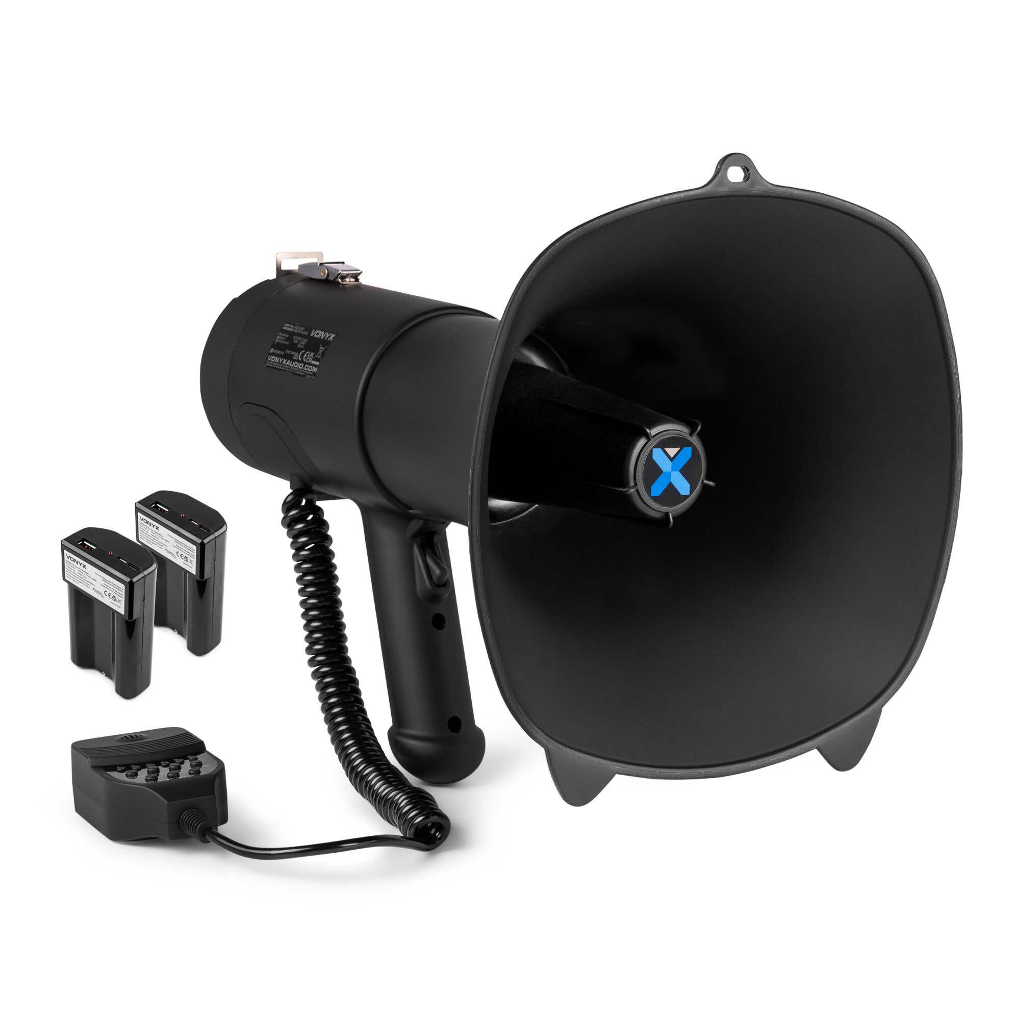 Vonyx MEG090 Megafoon set met 2x lithium-ion accu’s - 90W Megafoon met sirene en Bluetooth - Zwart