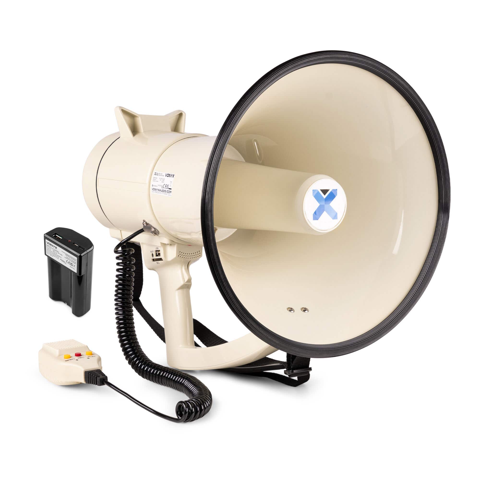 Vonyx MEG120 Megafoon set met lithium-ion accu - 120W Megafoon met sirene en Bluetooth - Beige