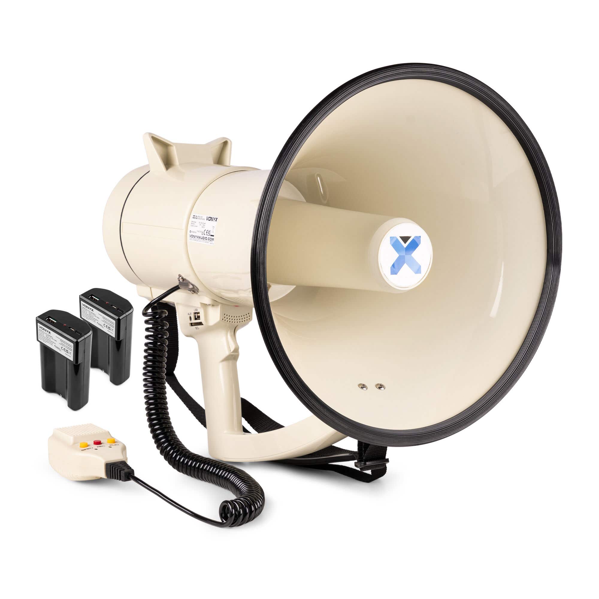 Vonyx MEG120 Megafoon set met 2x lithium-ion accu’s - 120W Megafoon met sirene en Bluetooth - Beige